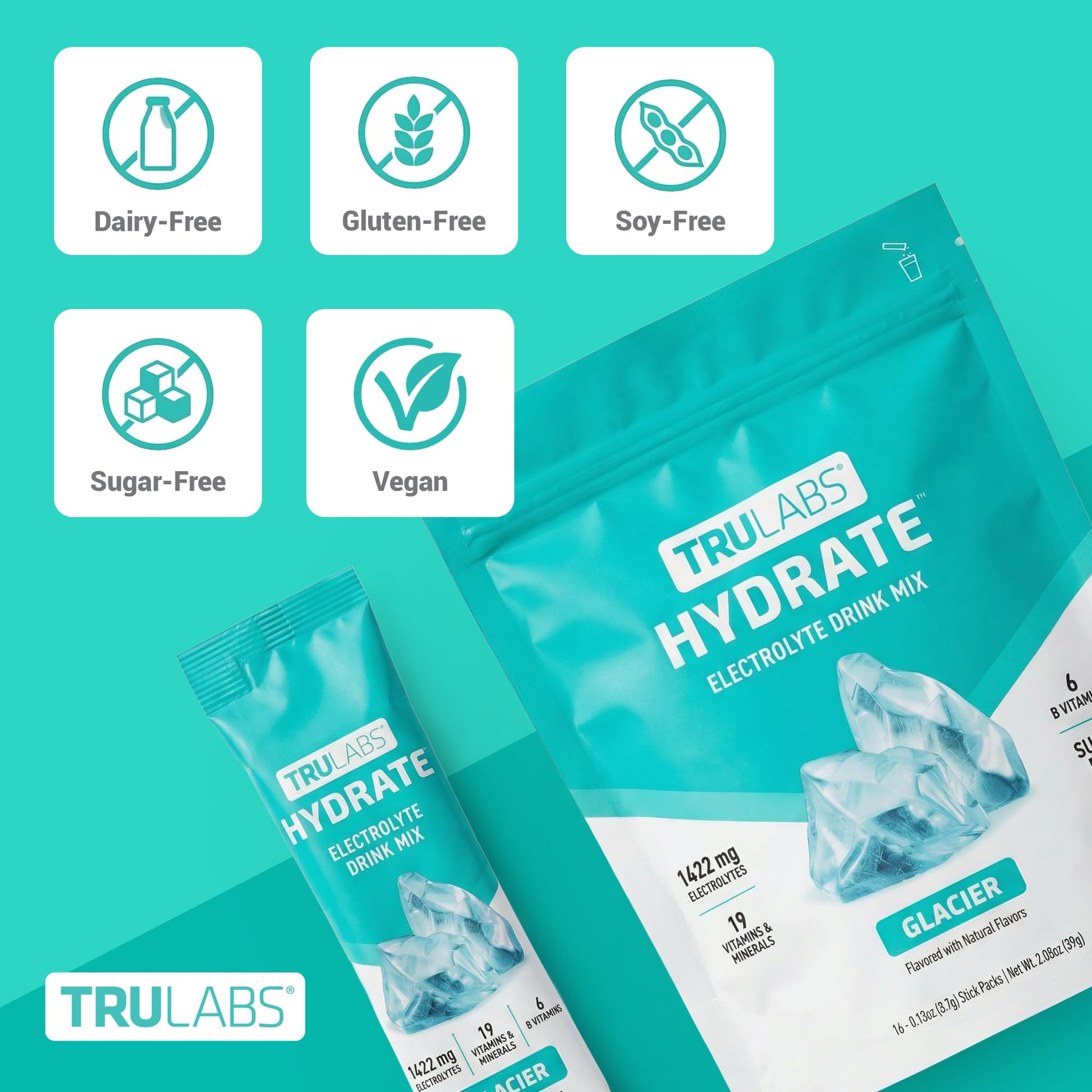 TRULABS Hydrate Electrolyte Drink Mix – Glacier Flavor, Sugar-Free Hydration Packets with 1422 mg Electrolytes & 19 Vitamins & Minerals, Monk Fruit Sweetened, On-the-Go Sticks (16 Count) TRULABS uk supplements