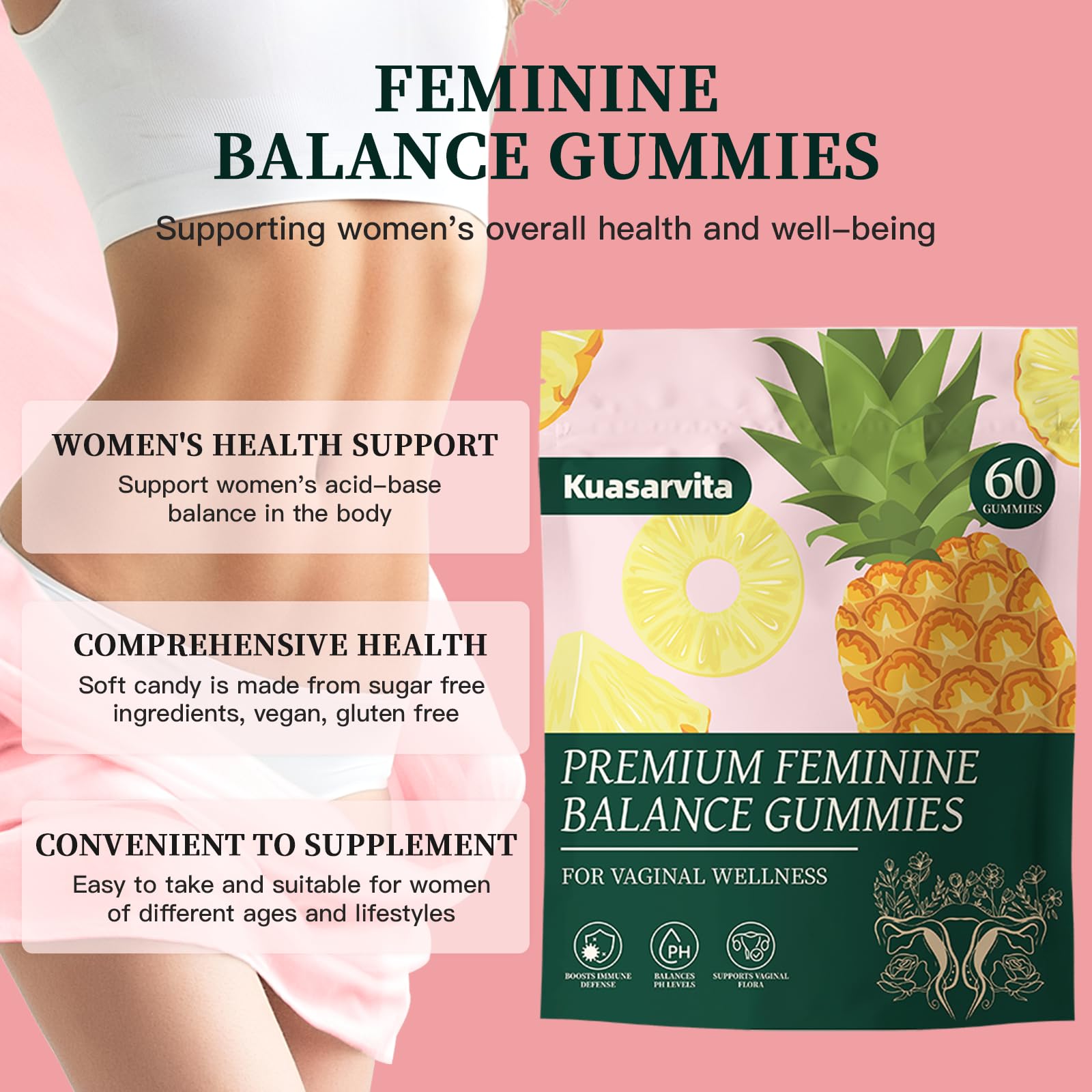 Premium Feminine Balance Gummies,Vital Vaginal Probiotics Source Feminine Gummies,Probiotic Gummies for Prenatal & Postnatal Women - Probiotics for Digestion, pH Balance, Gut Health, Immune Support Kuasarvita uk supplements
