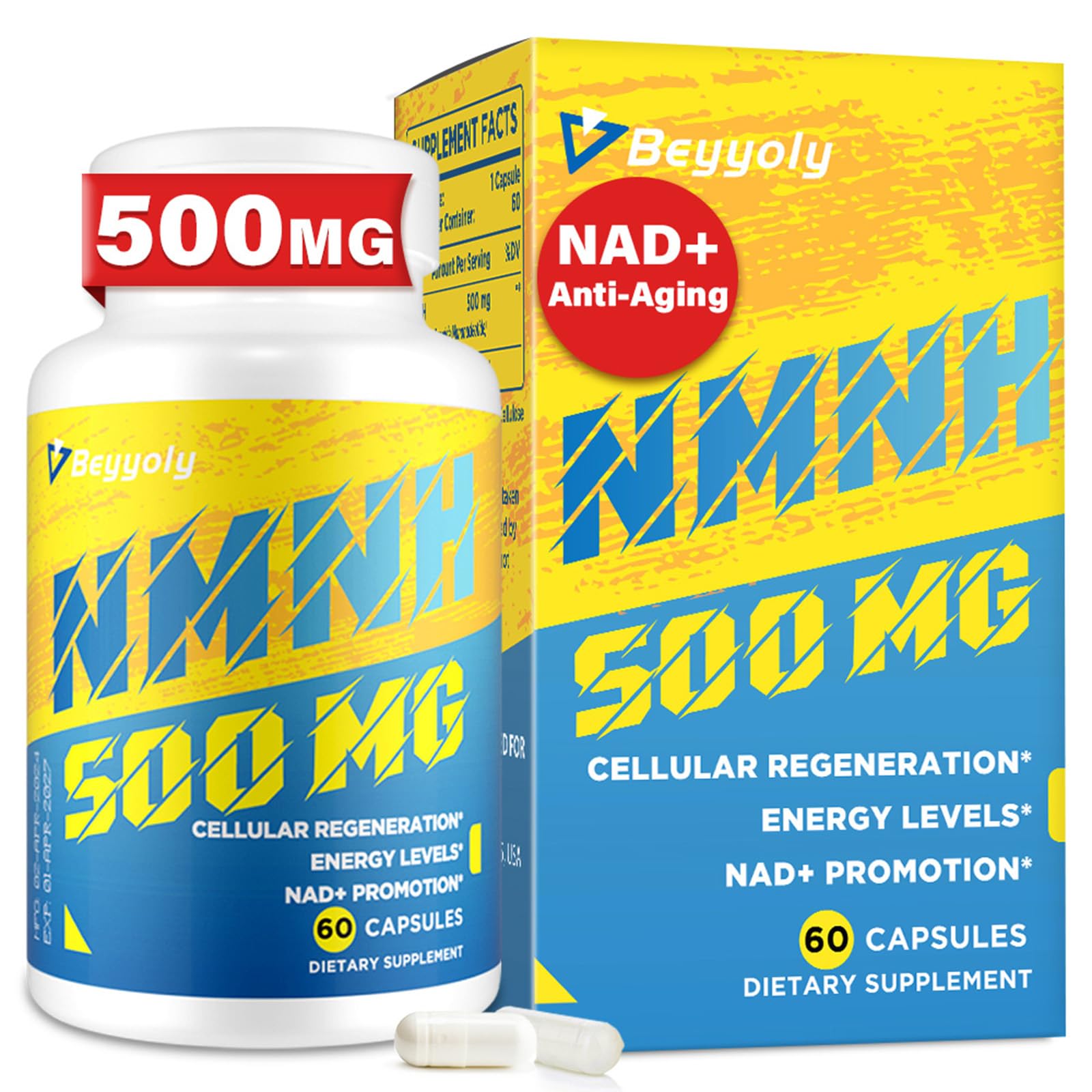 NMNH (NMN Supplement Alternative) NAD Supplements for Anti Aging, Energy, Immune, Focus (Dihydronicotinamide Mononucleotide) 500mg, to Boost NAD+ Levels As We Age, Pure Organic - 60 Capsules Beyyoly uk supplements
