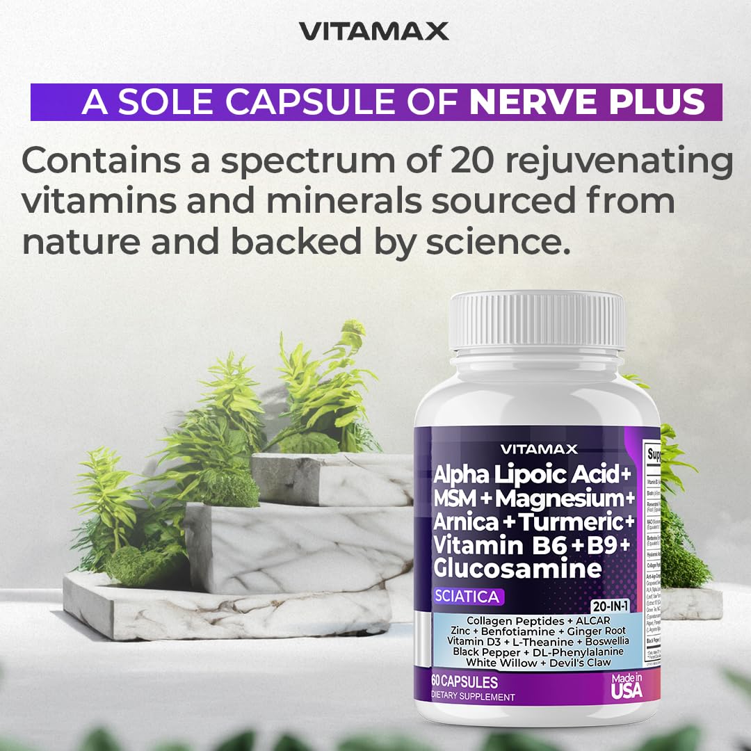 Sciatic Nerve Health Support - Sciatic Nerve Supplement Capsules with Folic Acid, Pea, Glucosamine, MSM, Vitamin B Complex, Alpha Lipoic Acid 300mg – 60ct – Made in USA Vitamax uk supplements