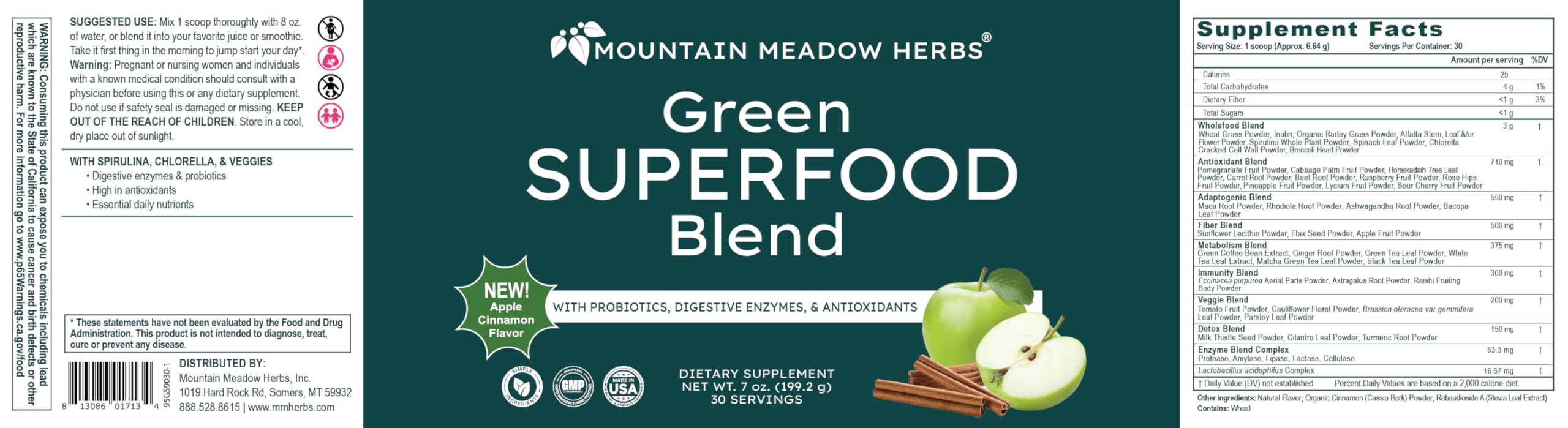 Mountain Meadow Herbs Green Superfood Blend – Spirulina, Chlorella, Mushrooms, Probiotics, Digestive Enzymes, Antioxidants – Organic Greens Powder for Energy & Gut Health – 30 Servings Mountain Meadow Herbs uk supplements