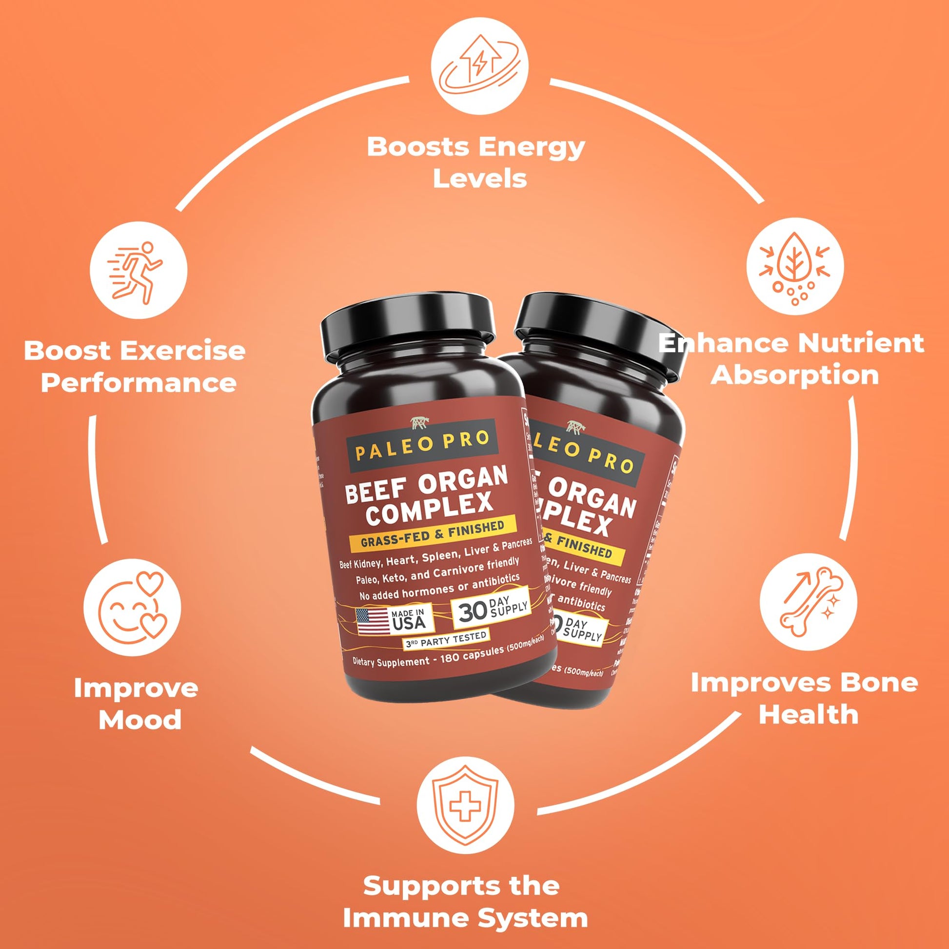 Paleo Pro O.G. Blend Premium Beef Organs Capsules, Kidney, Heart, Liver, Spleen and Pancreas from Grass Fed & Pastured Cows, Dietary Supplement, No GMO, 180 Capsules (Beef Organ Complex) Paleo Pro uk supplements