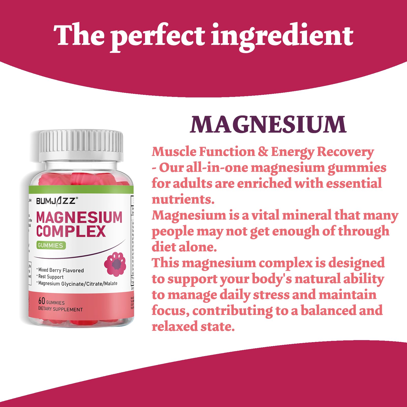 Magnesium Complex Gummies 800mg - 60 Counts Magnesium Glycinate&Citrate&Malate Gummy for Rest Muscle Function Bumjazz uk supplements