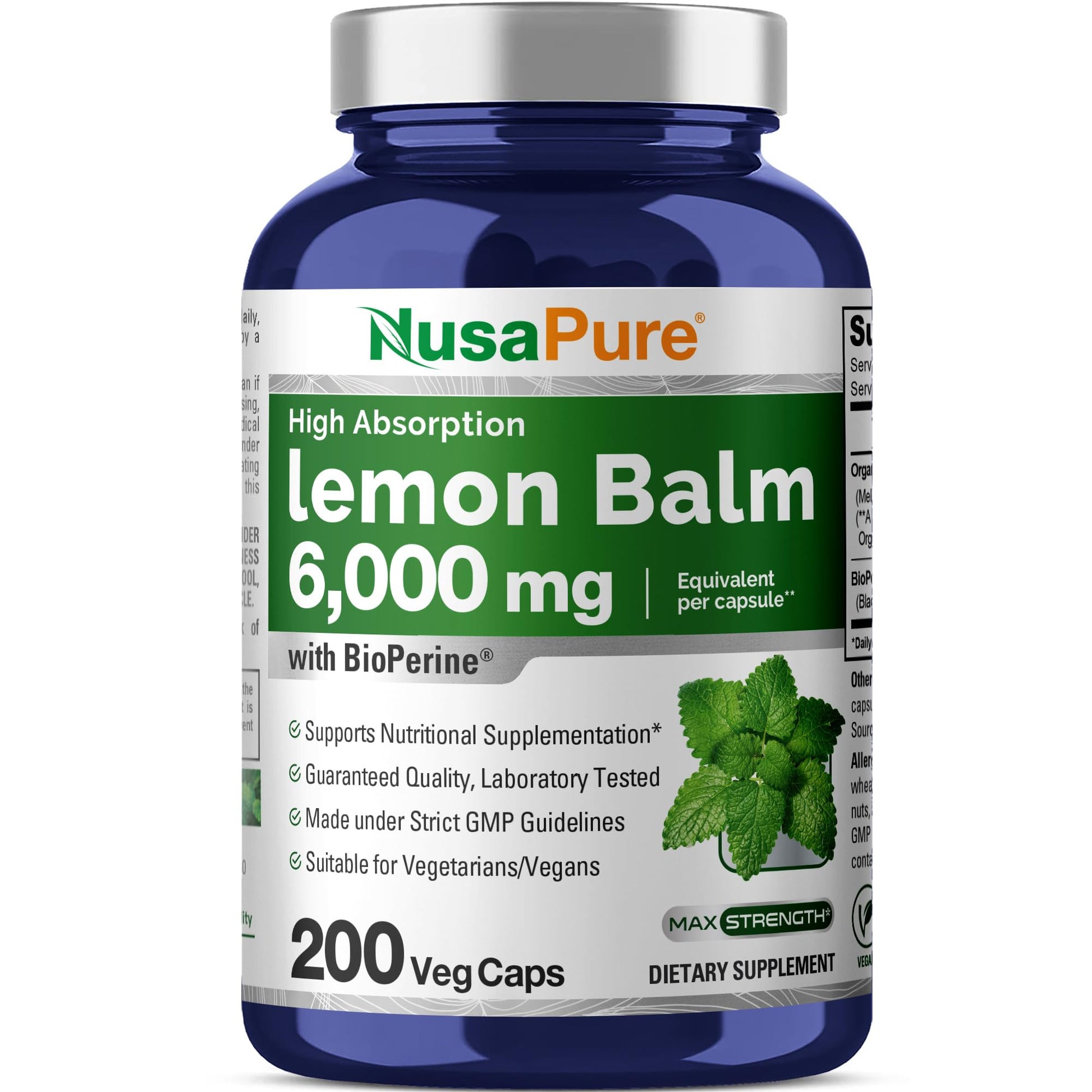 NusaPure Lemon Balm 30:1 Extract, 200 mg Equivalent to 6000mg Per Vegan Caps - 200 Count Non-GMO, Vegan Bioperine NusaPure uk supplements