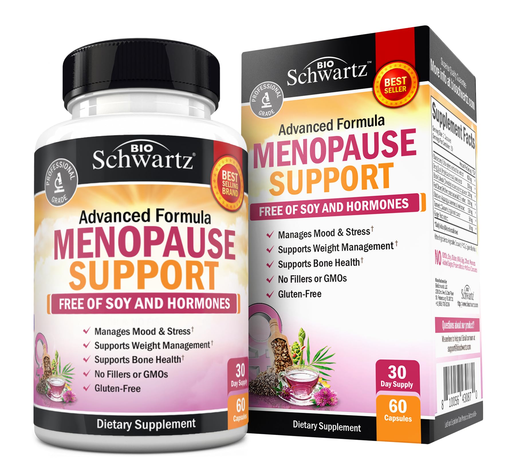 Herbal Menopause Support for Women - Supports Healthy Mood and Balance with Milk Thistle Chasteberry Black Cohosh Red Clover Turmeric Ginger - Menopause Supplements for Women - 60 Veggie Capsules BioSchwartz uk supplements