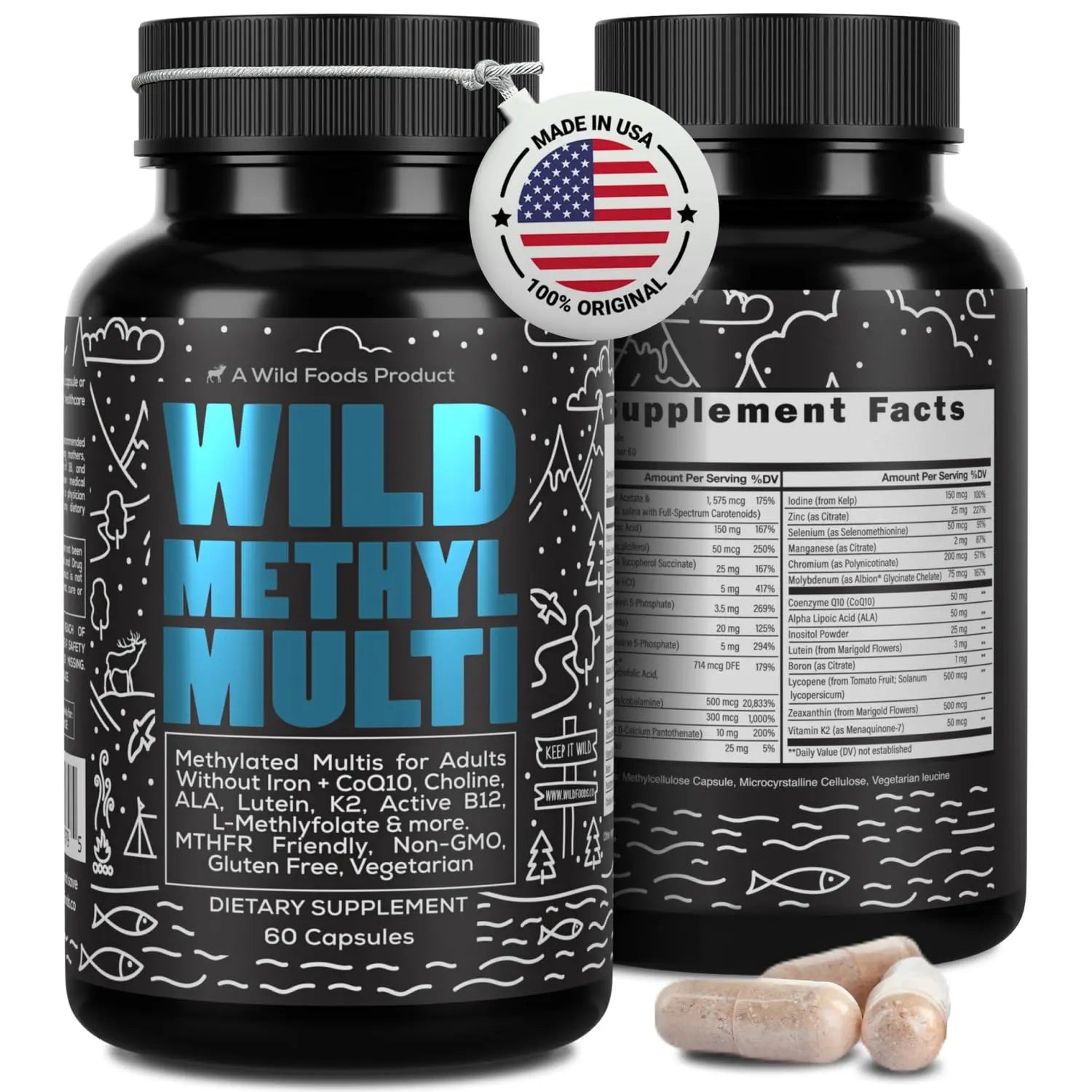 Wild Methylated Multivitamin for Women & Men | Daily Multi Vitamin | MTHFR Supplement Without Iron | Methylated B12, Folate, Vitamin C, A, K2, D, E Wild Foods uk supplements