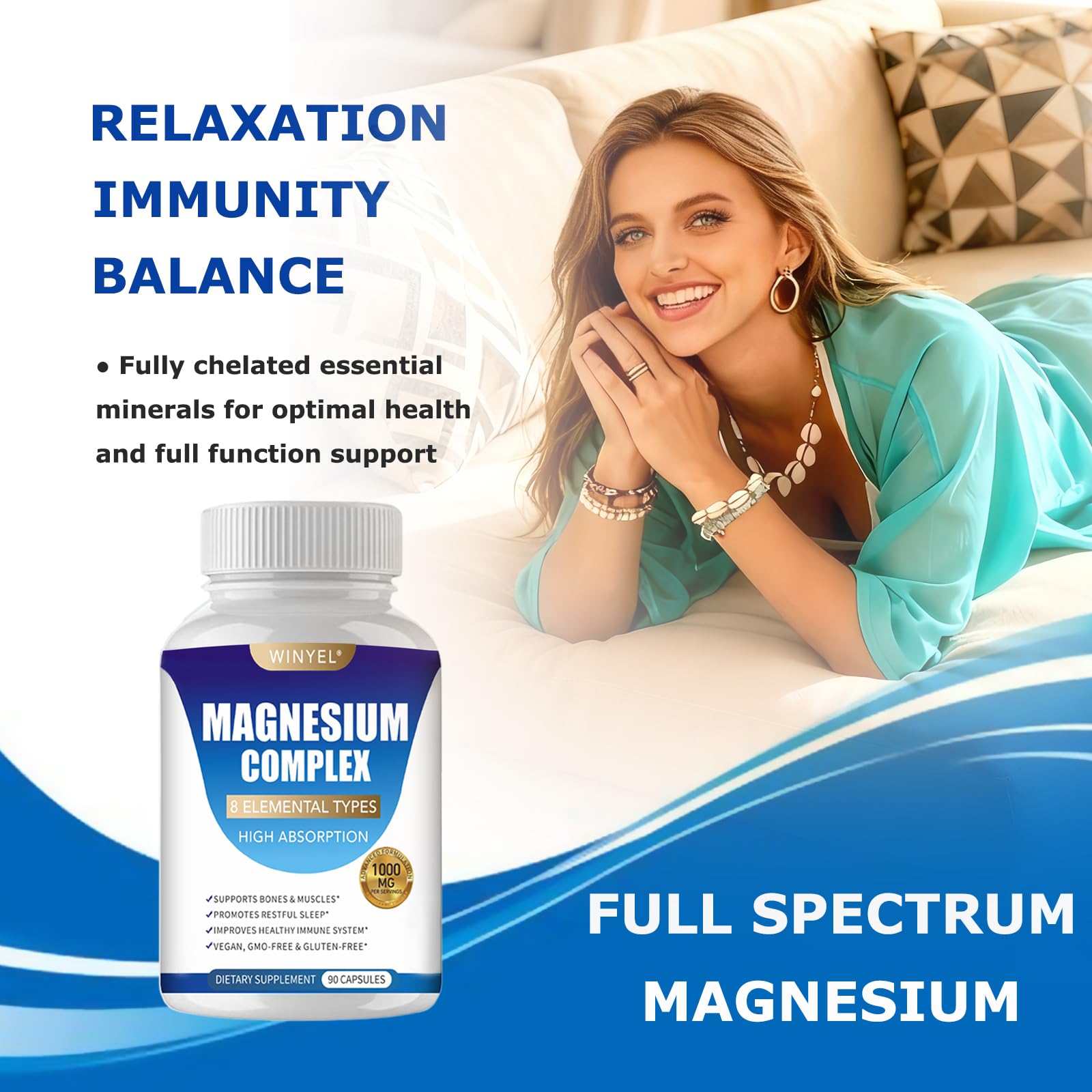 Magnesium Complex Supplement 8 Elemental 1000mg | Magnesium Supplement with Glycinate, Malate, Citrate | Sleep, Relaxation, Bone & Muscle | Vegan 90 Capsules WINYEL uk supplements