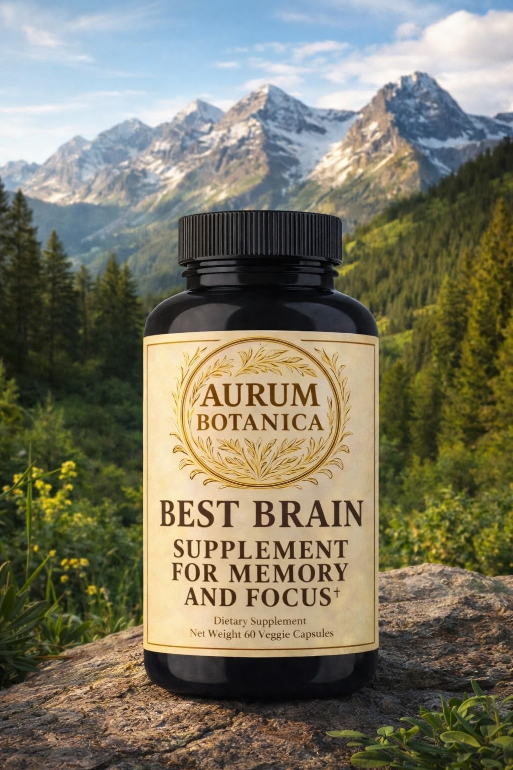 AURUM BOTANICA Best Brain Supplement for Memory and Focus - L-Theanine, Lion's Main, Vitamin B6, B12, D3, Folate, L-Tyrosine, Bacopa Monnieri, Alpha GPC, Theacrine, 30mg of Natural Caffeine (60 Count) AURUM BOTANICA uk supplements