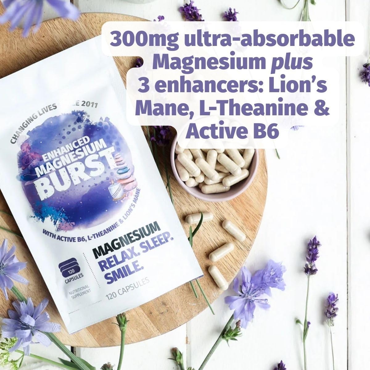Enhanced Magnesium (Capsules) | Precise 300mg per Serving | Enhancement Blend: Organic Lion's Mane Extract, L-theanine, Active Vitamin B6 | 120 Capsules - by Organic Burst Organic Burst uk supplements