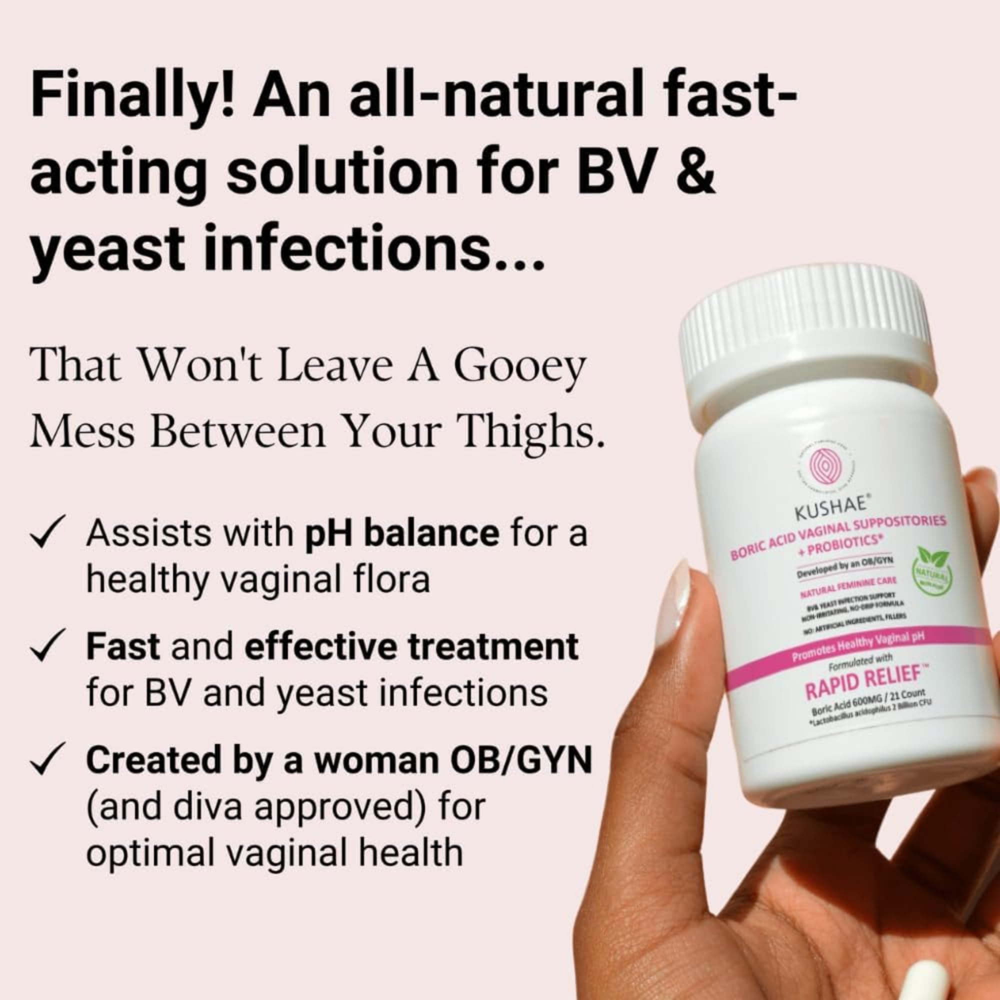 Kushae Boric Acid Suppositories + Rapid Relief, All Natural Female Suppositories with Probiotics & Aloe Vera, Relieves Discomfort & Balances pH Level Bottle Only 21 Capsules Kushae uk supplements