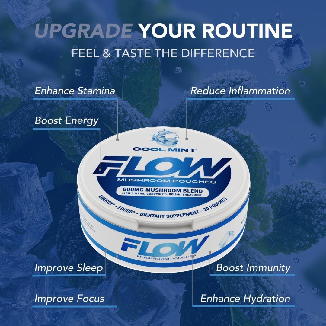 Flow Pouches Mushroom Nootropic Pouches - 600mg Organic Mushroom Energy Ultra Pouches with Lion's Mane, Reishi, Cordyceps for Focus & Clean Energy - Zero Caffeine or Sugar (5 Can Pack, Cool Mint) Flow Pouches uk supplements