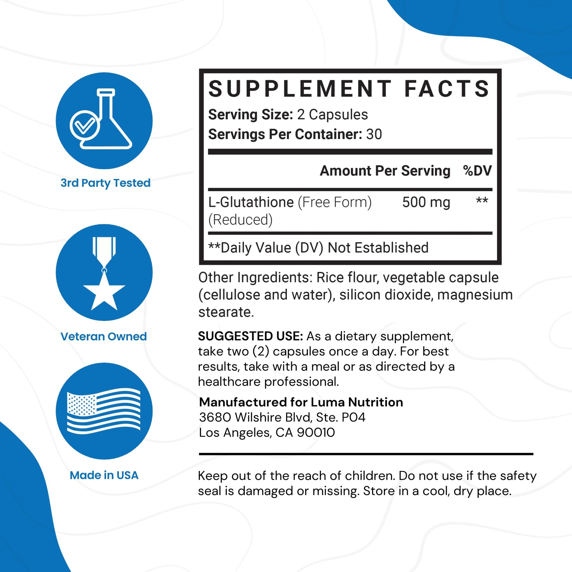 Premium Glutathione - Reduced Glutathione 500mg - Glutathione Supplement - L-Glutathione Luma Nutrition uk supplements