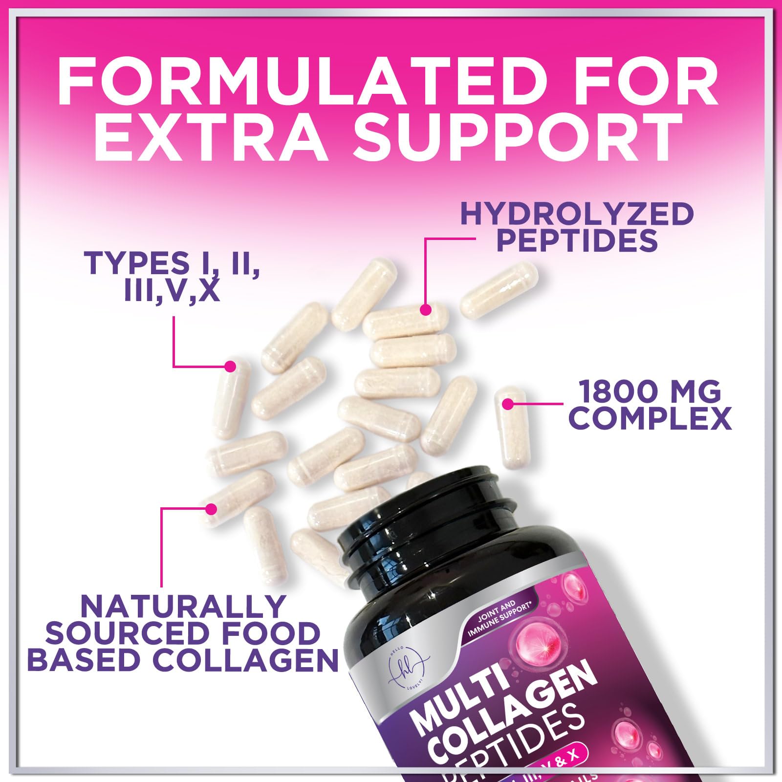 Multi Collagen Supplement 2400 mg - Types I, II, III, V & X Multi Collagen Peptides Pills for Women & Men, Hydrolyzed Collagen Supplements, Hair, Skin, Nail, & Joint Support Supplement, 60 Capsules Hello Lovely! uk supplements
