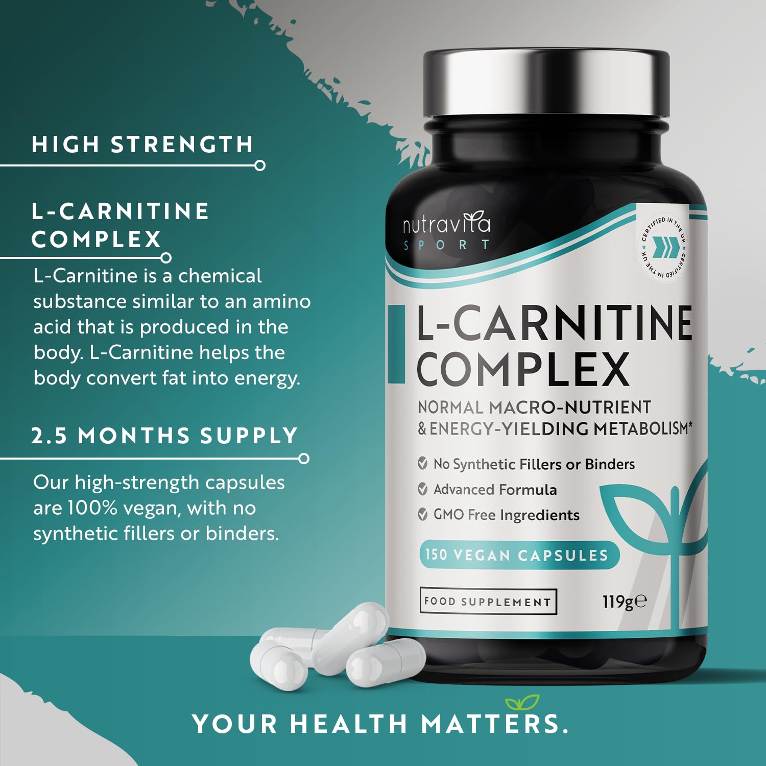 L-Carnitine Complex - High Strength Capsules with Added Riboflavin, Biotin, Chromium Nutravita uk supplements