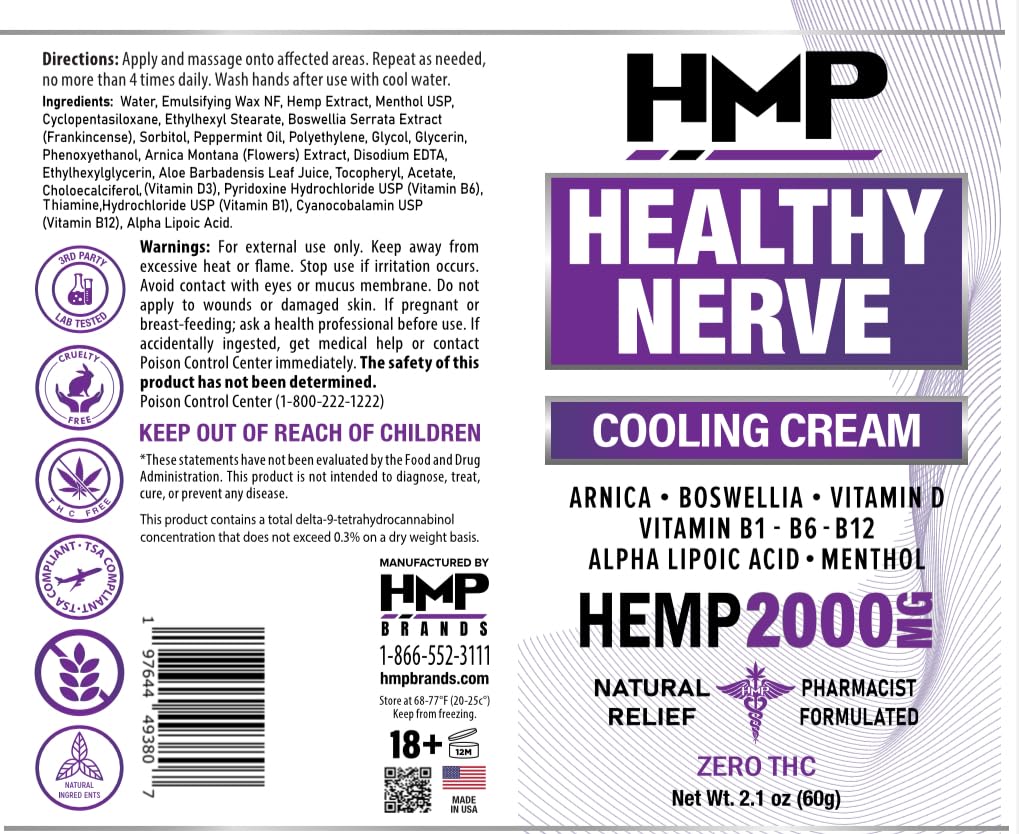 HMP BRANDS Neuropathy Cream Nerve Hemp Cream 2000mg Maximum Strength for Feet, Hands, Legs, Toes, Back. Natural Arnica, Vitamin D3 B1 B6 B12 w Menthol, Made in USA 2.1oz HMP BRANDS uk supplements