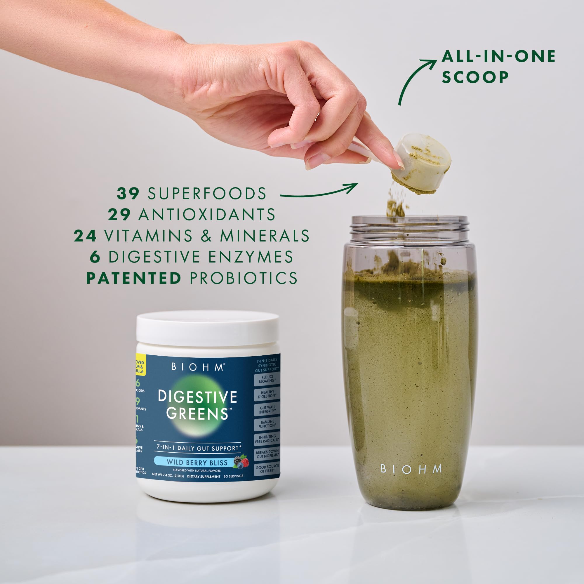 BIOHM Digestive Greens, Green Superfood Powder (7.4 Oz, 30 Servings) Immune & Gut Health Support with Antioxidants, Vitamins, Probiotics & Enzymes, Good Source of Fiber, Berry Flavor BIOHM uk supplements