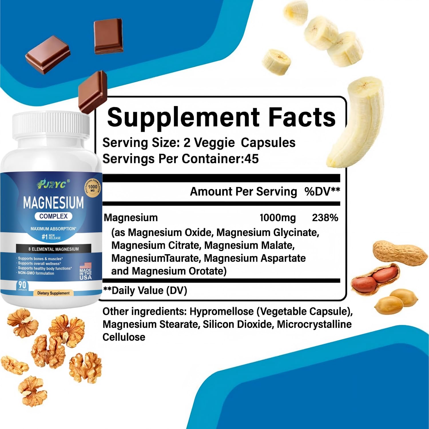 Magnesium Complex Supplement - 1000mg with 8 Magnesium Forms: Glycinate, Citrate, Malate, Taurate & Orotate - Supports Muscle Function, Bone Strength & Relaxation - Vegan, Non-GMO - 180 Capsules PJRYC uk supplements
