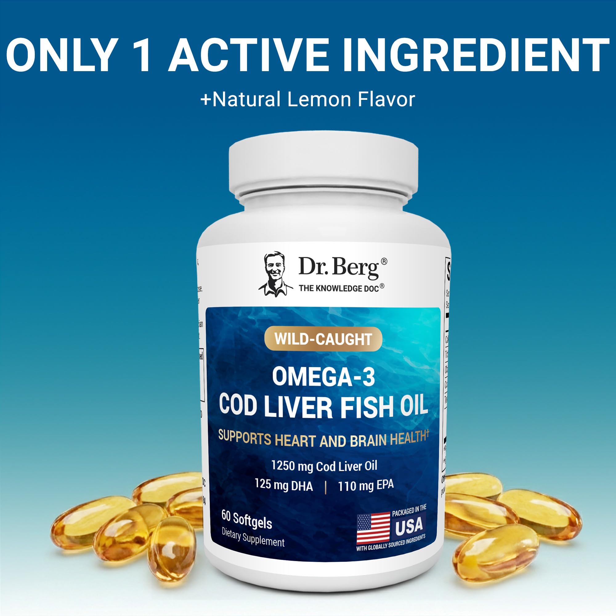 Dr. Berg Omega-3 Cod Liver Fish Oil 60 Softgels – Wild-Caught Icelandic Cod – Omega 3 EPA & DHA – Heart, Brain, Immune & Eye Support* – Lemon Flavor – 4X Lab-Tested – Non-GMO, No Fillers Dr. Berg Nutritionals uk supplements