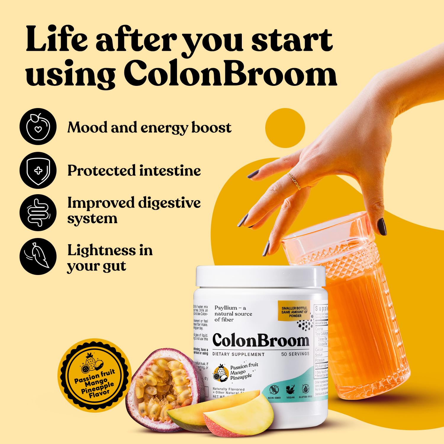 ColonBroom Psyllium Husk Powder with Stevia (Tropical Fruits) - Colon Cleanse for Bloating Relief & Gut Health - Colon Broom Fiber Powder Drink - Vegan Fiber Powder Stevia Supplement, 50 Servings ColonBroom uk supplements