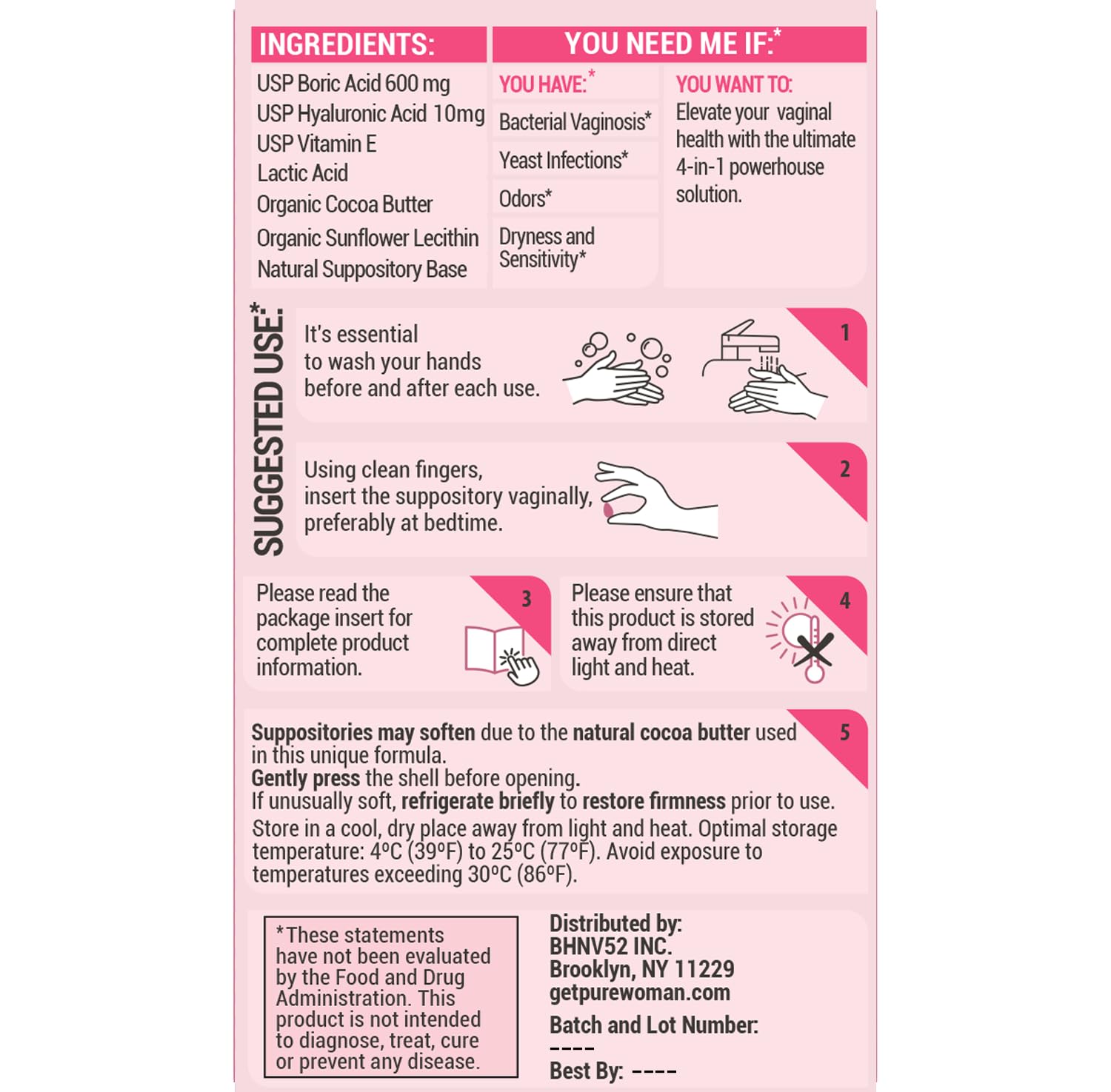 PURE WOMAN - pH-ighter Vaginal Boric Acid Suppositories for Women - Hyaluronic Acid - 4 in 1 Vaginal Suppositories for Discomfort, Dryness, Odor & pH Balance- Full Vaginal Health Care - 10ct PURE WOMAN uk supplements