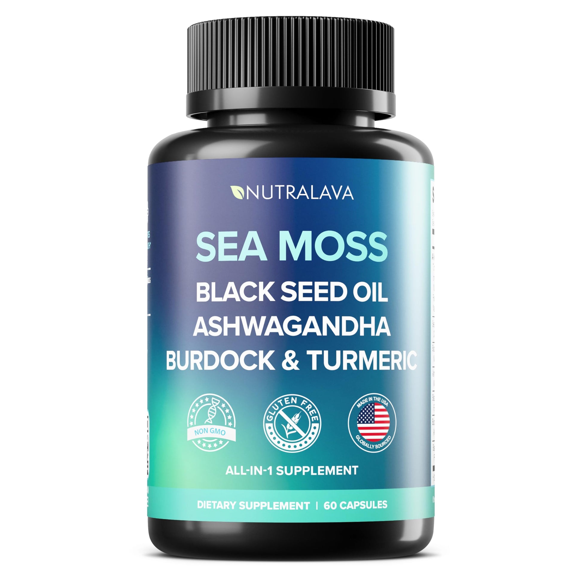 NUTRALAVA Sea Moss Pills, All-in-One Blend with Irish Sea Moss Black Seed Oil Ashwagandha, Sea Moss Capsules for Women and Men - Gluten-Free, Non-GMO, 60 Capsules NUTRALAVA uk supplements