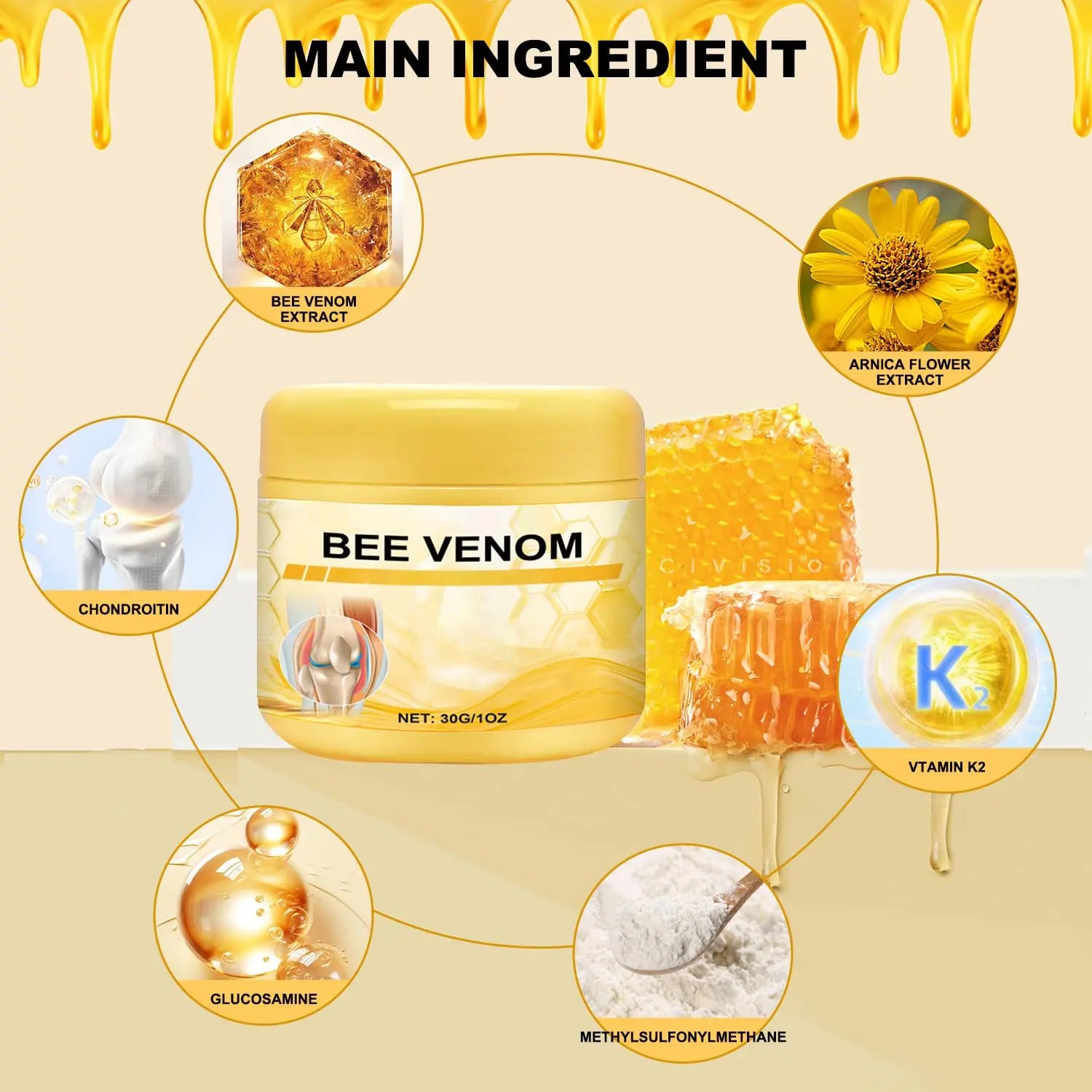 Botou 2PCS New Bee Venom Professional Joint Cream, for Neck, Waist, Back, Hands, Feet and Legs Advanced Bee Propolis Joint Cream, yellow Botou uk supplements