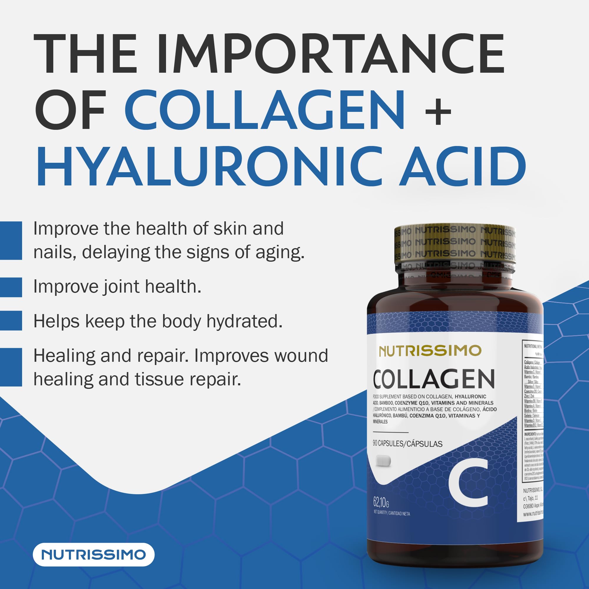 NUTRISSIMO Collagen + Hyaluronic Acid + Biotin + CoQ10 + Vitamins A, C (non-acidic), D and B12 + Zinc NUTRISSIMO uk supplements