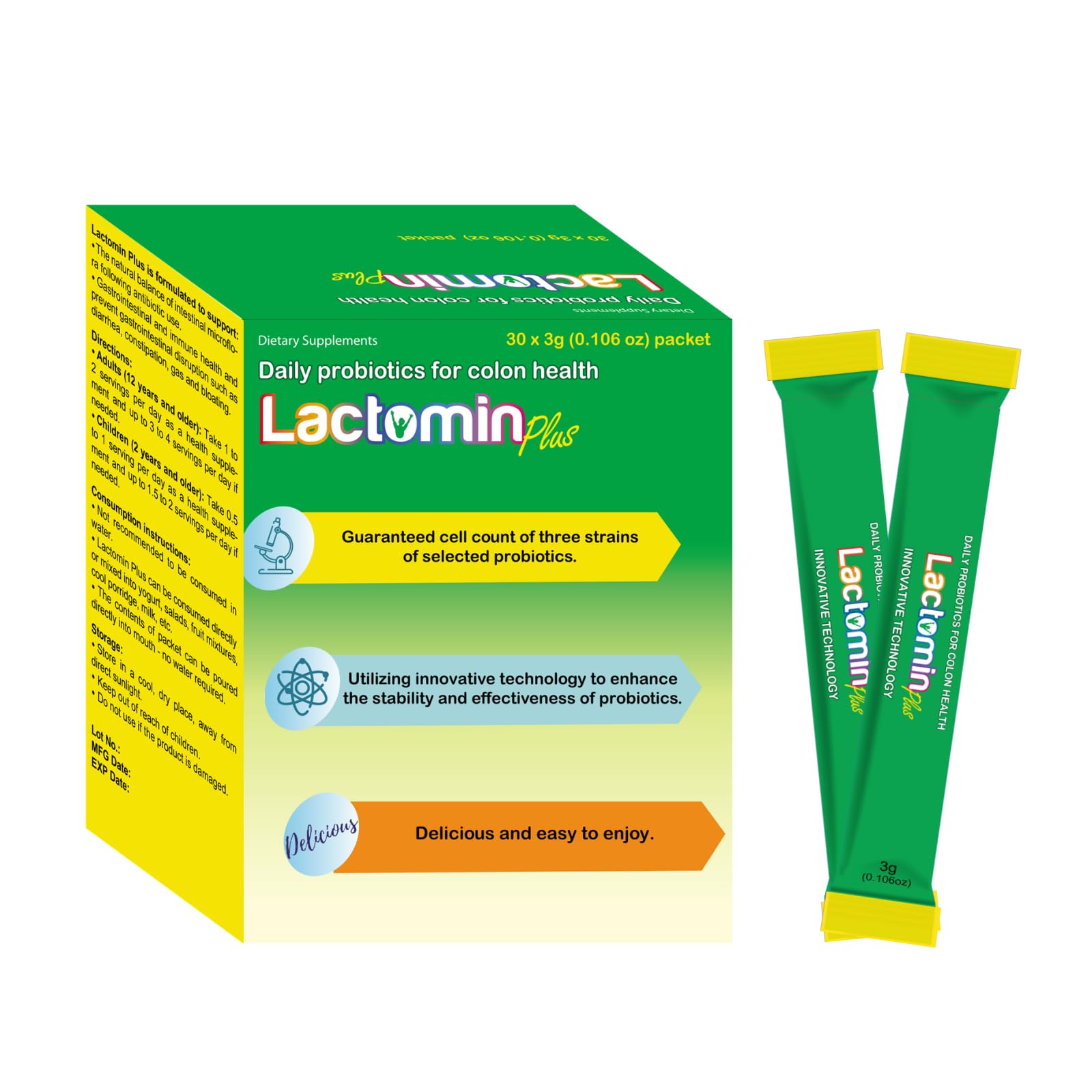 Probiotics - LactominPlus-3 Probiotics Strains - Powder - Sweet Yogurt Flavor - 30 Sticks x 3g (1month), 1.5 Billion CFU, with Prebiotics(FOS), Constipation & Bloating Relief, Microencapsulated Lactomin uk supplements