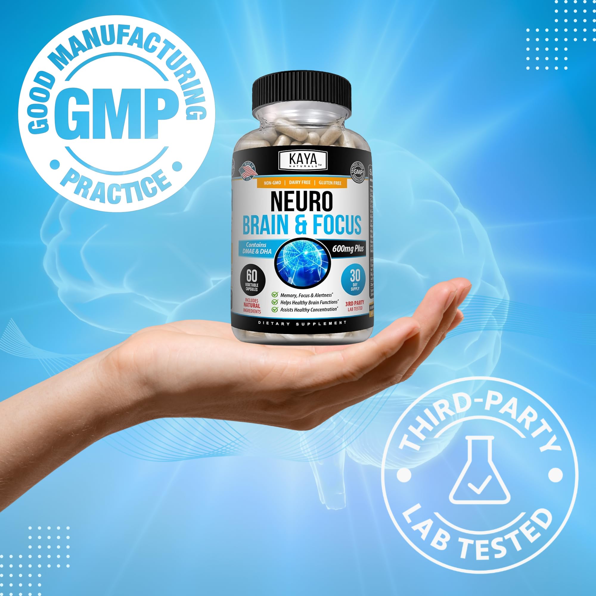 Kaya Naturals - Neuro Brain for Memory & Focus - Nootropic Energy Capsule - Nootropic Brain Support Supplement - Focus & Concentration & Learning Accuracy - Cognitive Function - 60 Count Kaya Naturals uk supplements