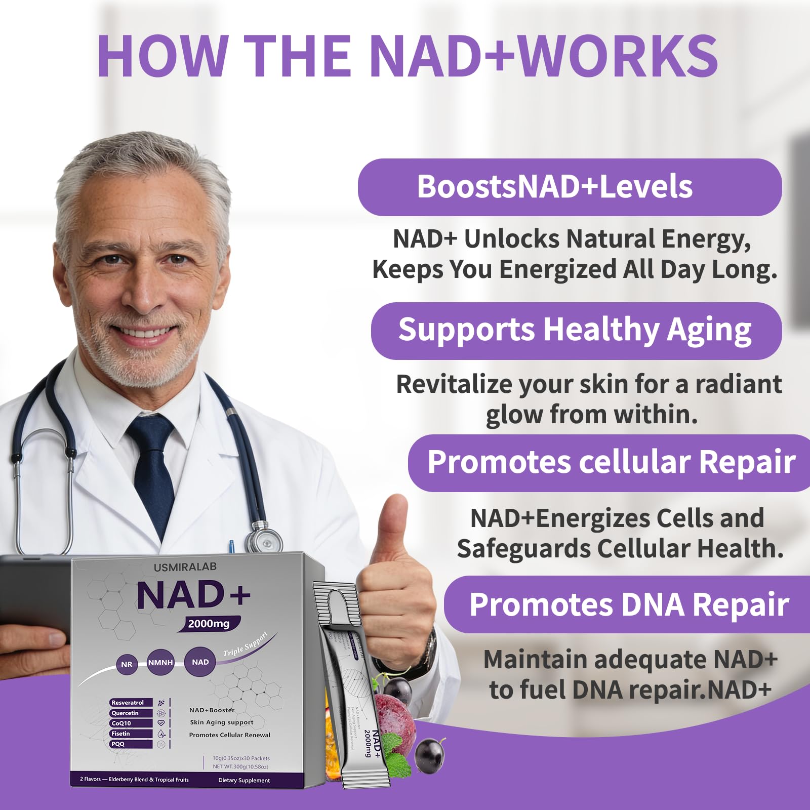 NAD+ Supplement Packets | 1000mg Liquid | Advanced Nicotinamide Riboside, Trans-Resveratrol, PQQ & Quercetin Complex for Cellular Energy & Healthy Aging Support - 2 Flavors (30 Count) USMIRALAB uk supplements