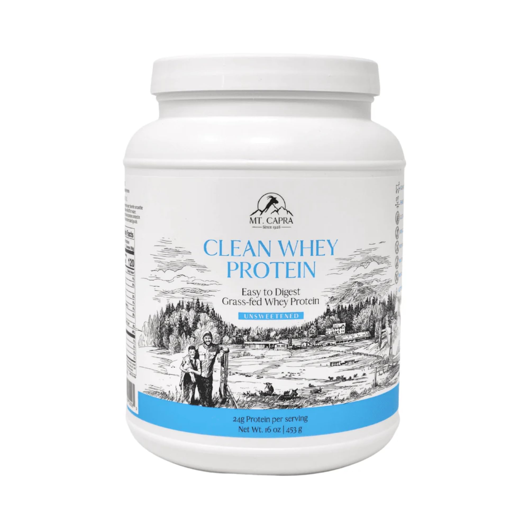 Mt. Capra Clean Whey Protein | Grass-Fed Undenatured Goat Whey Protein Powder | 24 g Protein Per Serving, All Natural, Non-GMO, High in Branch Chain Amino Acids | Unsweetened | 15 Servings - 16 oz MT. CAPRA SINCE 1928 uk supplements