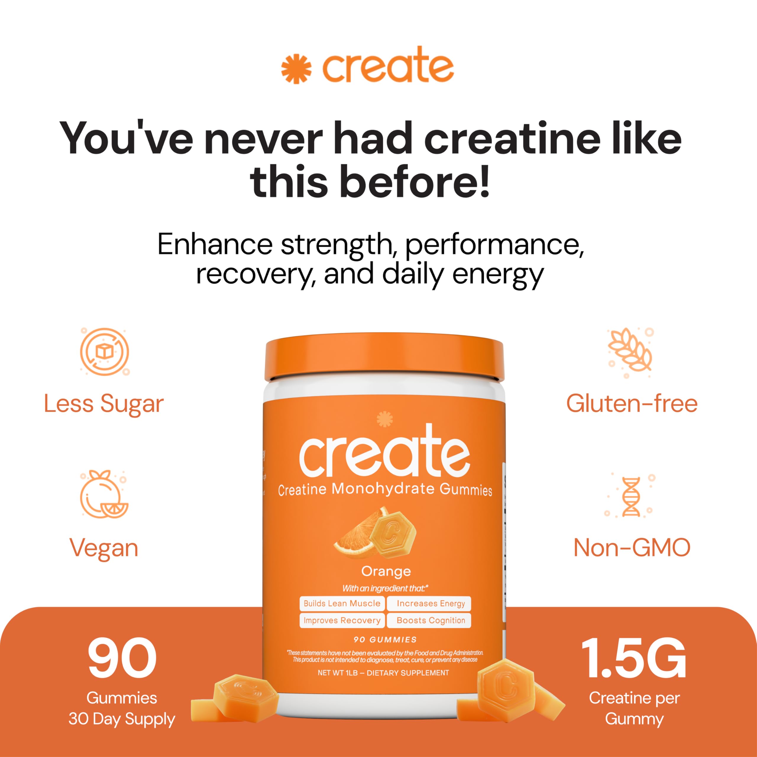 Create Creatine Monohydrate Gummies for Men & Women, Boost Focus, Strength, and Endurance, Anti-Melting Formula, Vegan, Gluten-Free, Non-GMO, 1.5g of Creatine per Gummy (Orange) Create uk supplements