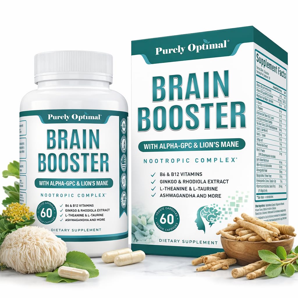 Purely Optimal Brain Booster Nootropic Supplement – Brain Support for Memory, Focus, Clarity, Jitter-Free Energy for Adults, Seniors– with Ginkgo Biloba, Alpha GPC, Lion’s Mane – 60 Capsules Purely Optimal uk supplements