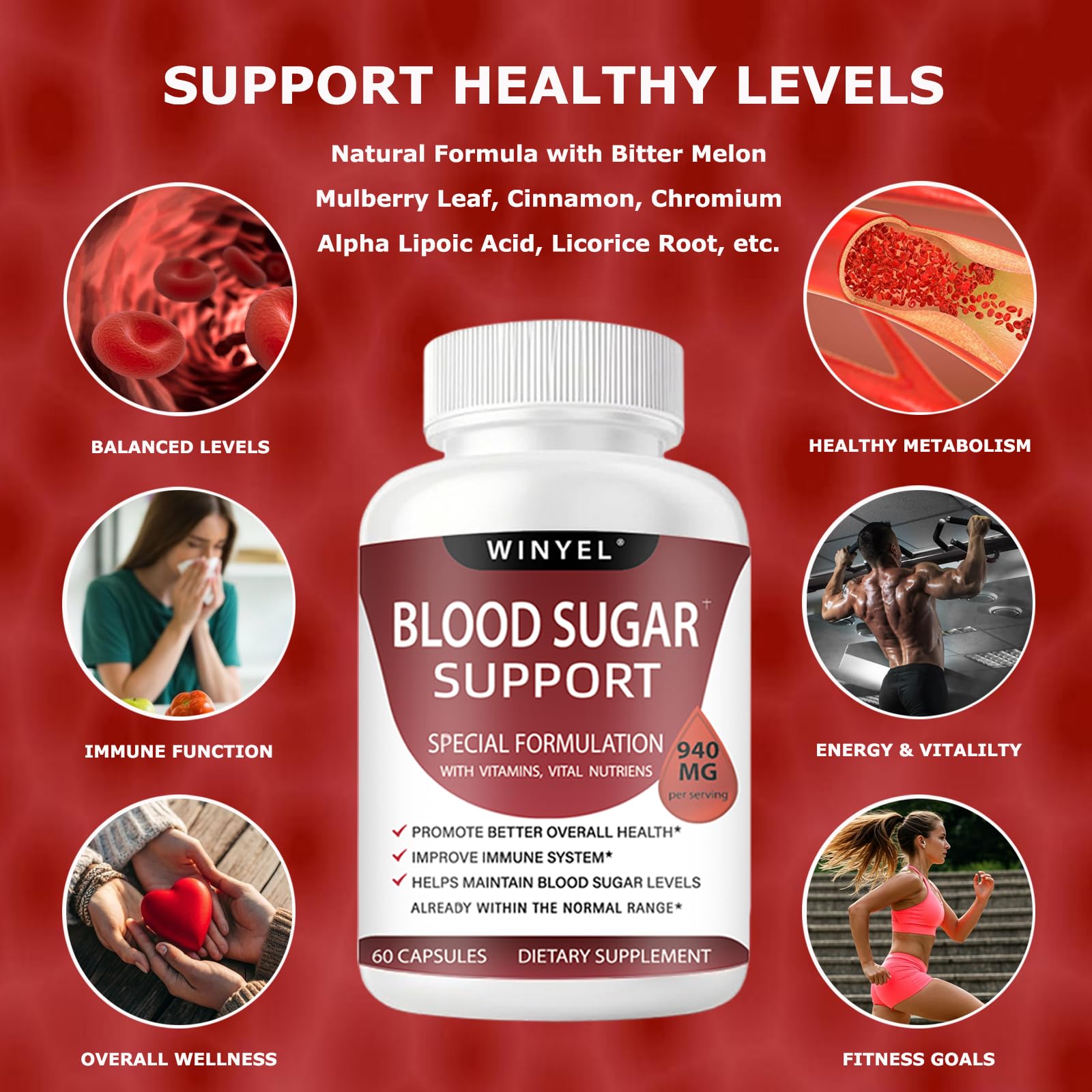 WINYEL Blood Sugar Complex Supplement - with Cinnamon, Bitter Melon, Chromium, Mulberry, Alpha Lipoic Acid, 60 Capsules WINYEL uk supplements