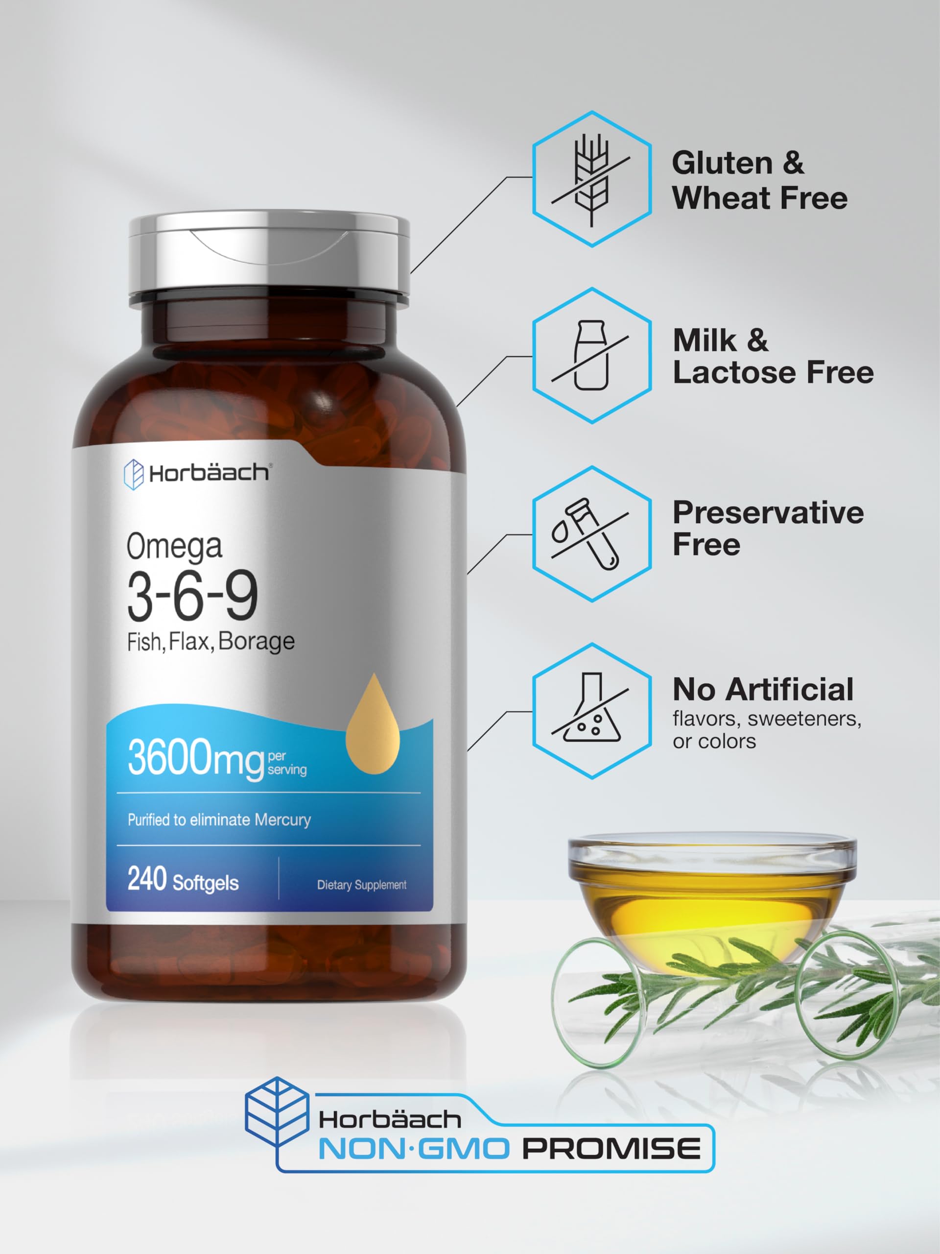 Triple Omega 3-6-9 240 Softgels | from Fish, Flaxseed, Borage Oils | Non-GMO & Gluten Horbäach uk supplements