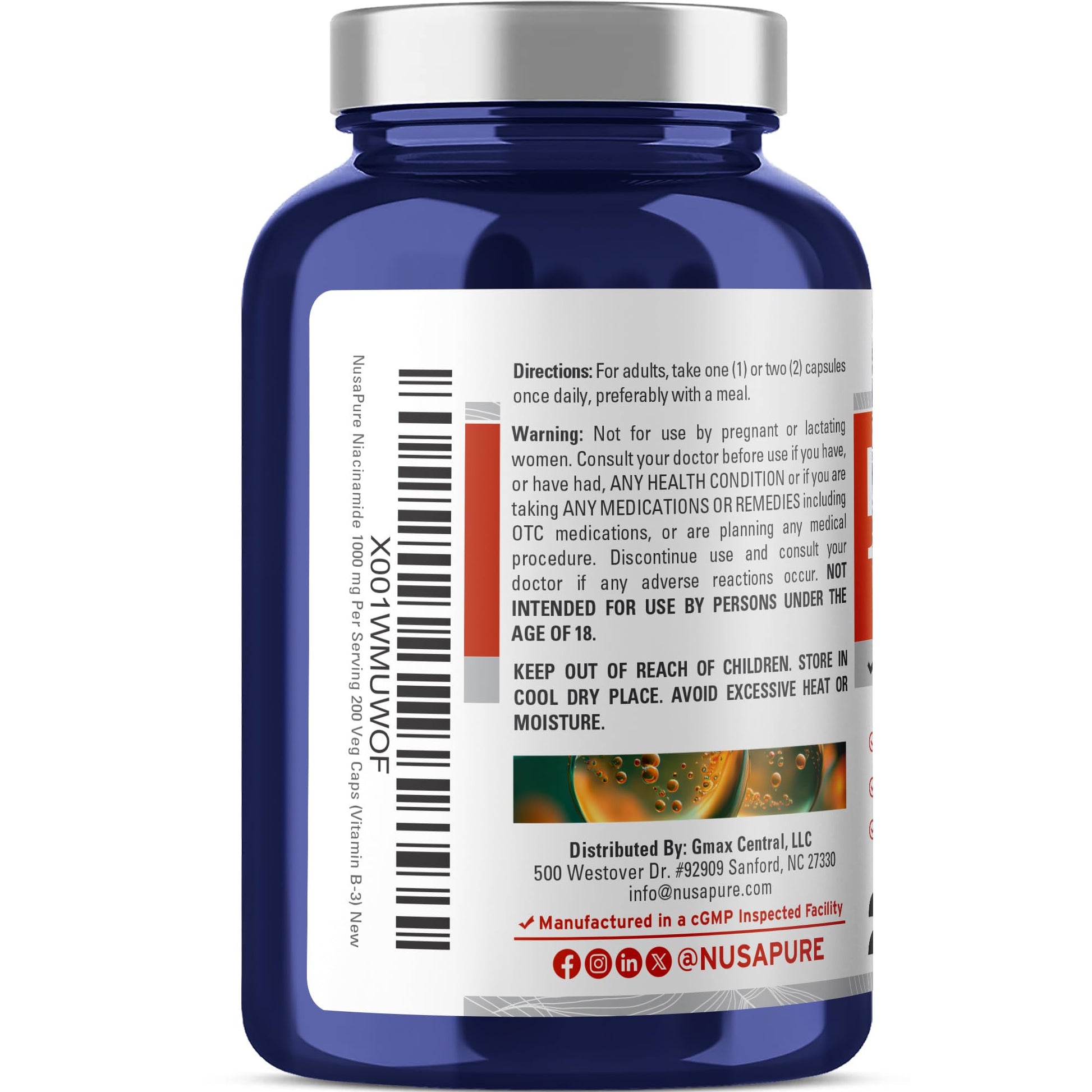NusaPure Niacinamide 1000mg 200 Veggie Capsules (Non-GMO, Vegan) Flush Free NusaPure uk supplements