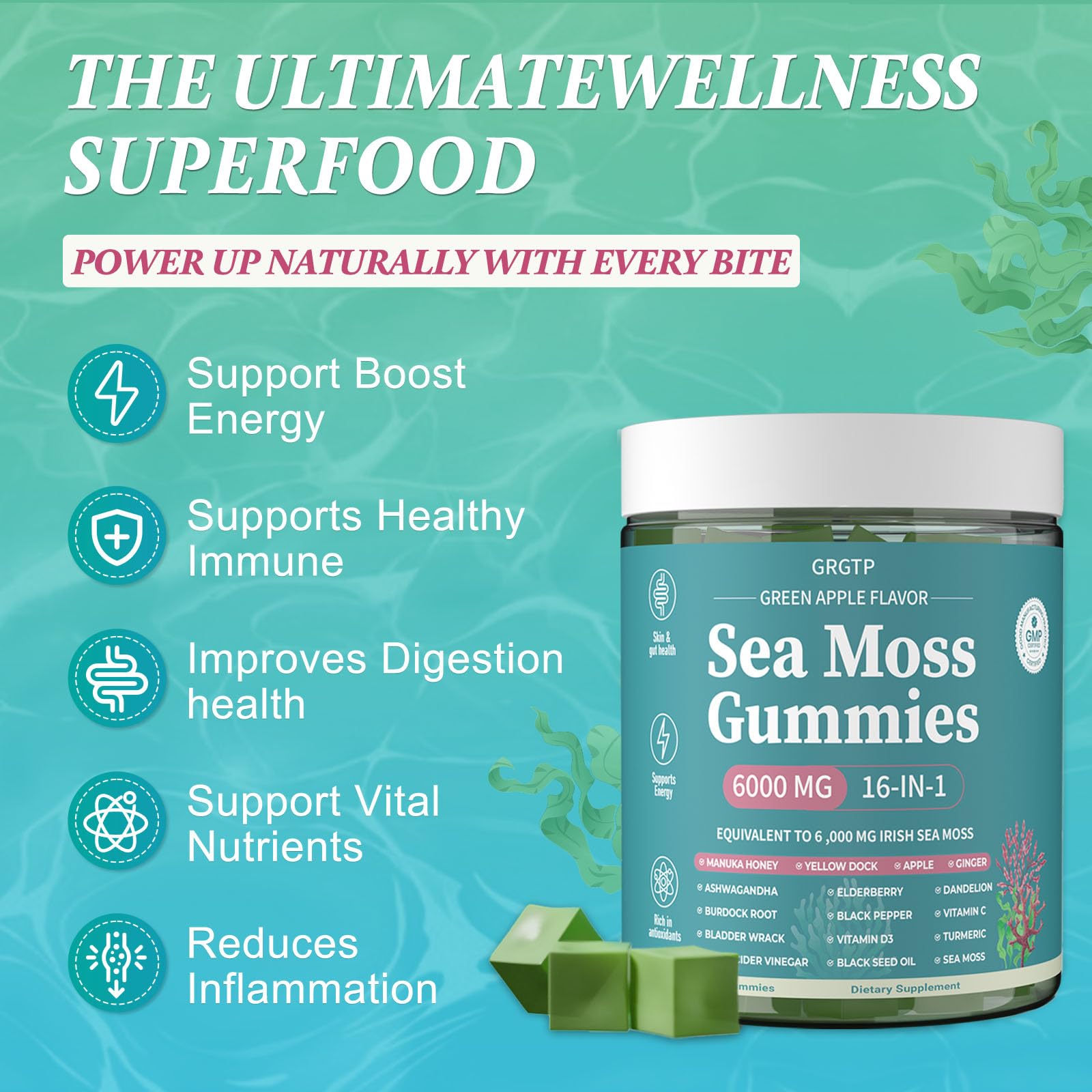 Sea Moss Gummies 16-in-1 - Ashwagandha Black Seed Oil Bladder Wrack Turmeric Vitamin C & D3 with Manuka Burdock Root Dandelion Yellow Dock Natural Detox & Liver Health Immune Support, Energy Boost GRGTP uk supplements