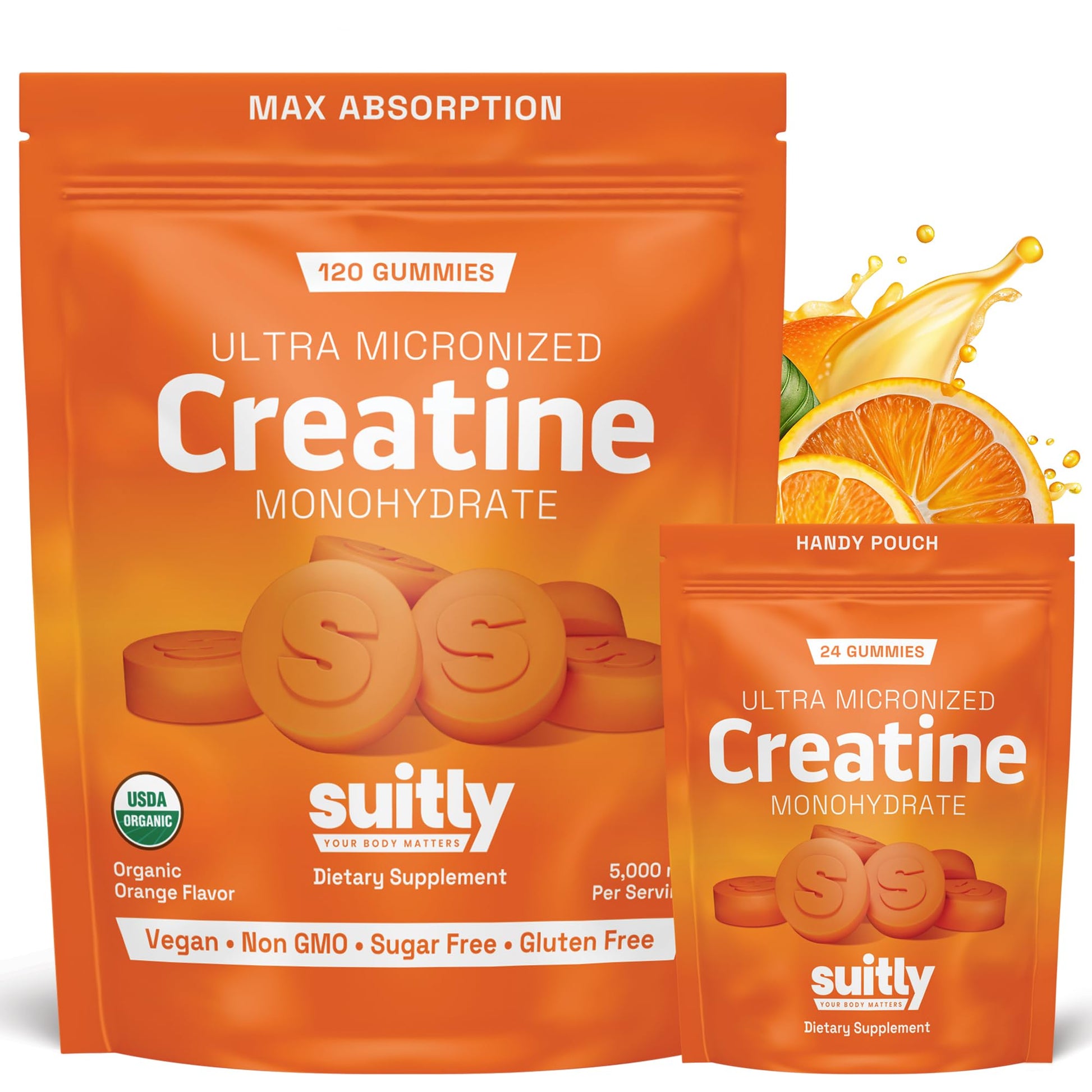 USDA Organic Ultra-Micronized Creatine Gummies for Men & Women; Orange Max Absorption 5g Creatine Gummies Sugar Free for Muscle Gain, Energy & Recovery; Muscle Builder for Women with Pouch - 120 Count Suitly uk supplements