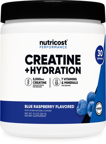 Nutricost Creatine Monohydrate + Hydration Blue Raspberry Flavored (30 Servings) - 7 Vitamins & Minerals, 5000mg of Creatine Per Serving Nutricost uk supplements