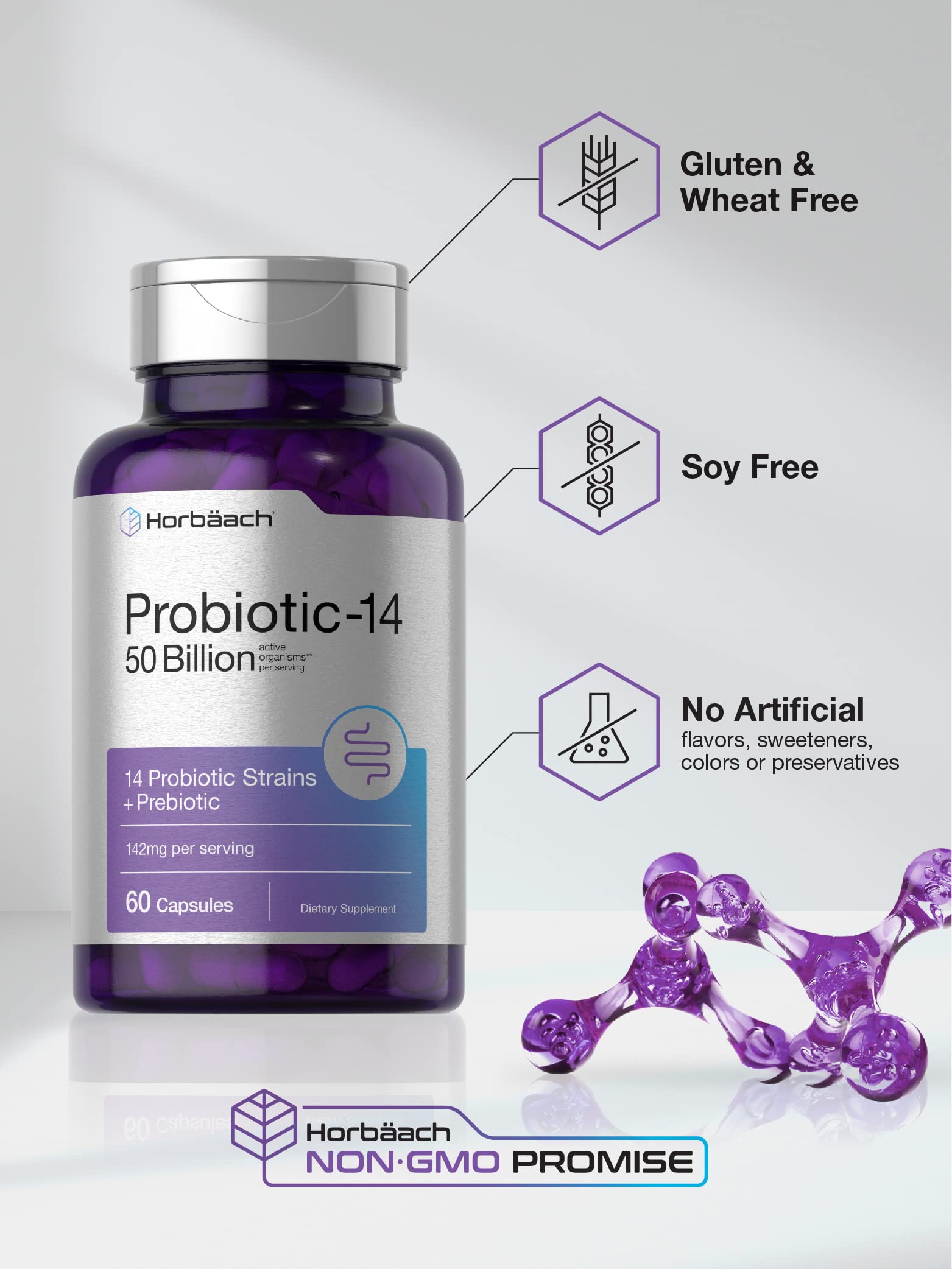 Horbäach Probiotics with Prebiotics | 60 Capsules | 50 Billion Active Organisms | Non-GMO Horbäach uk supplements