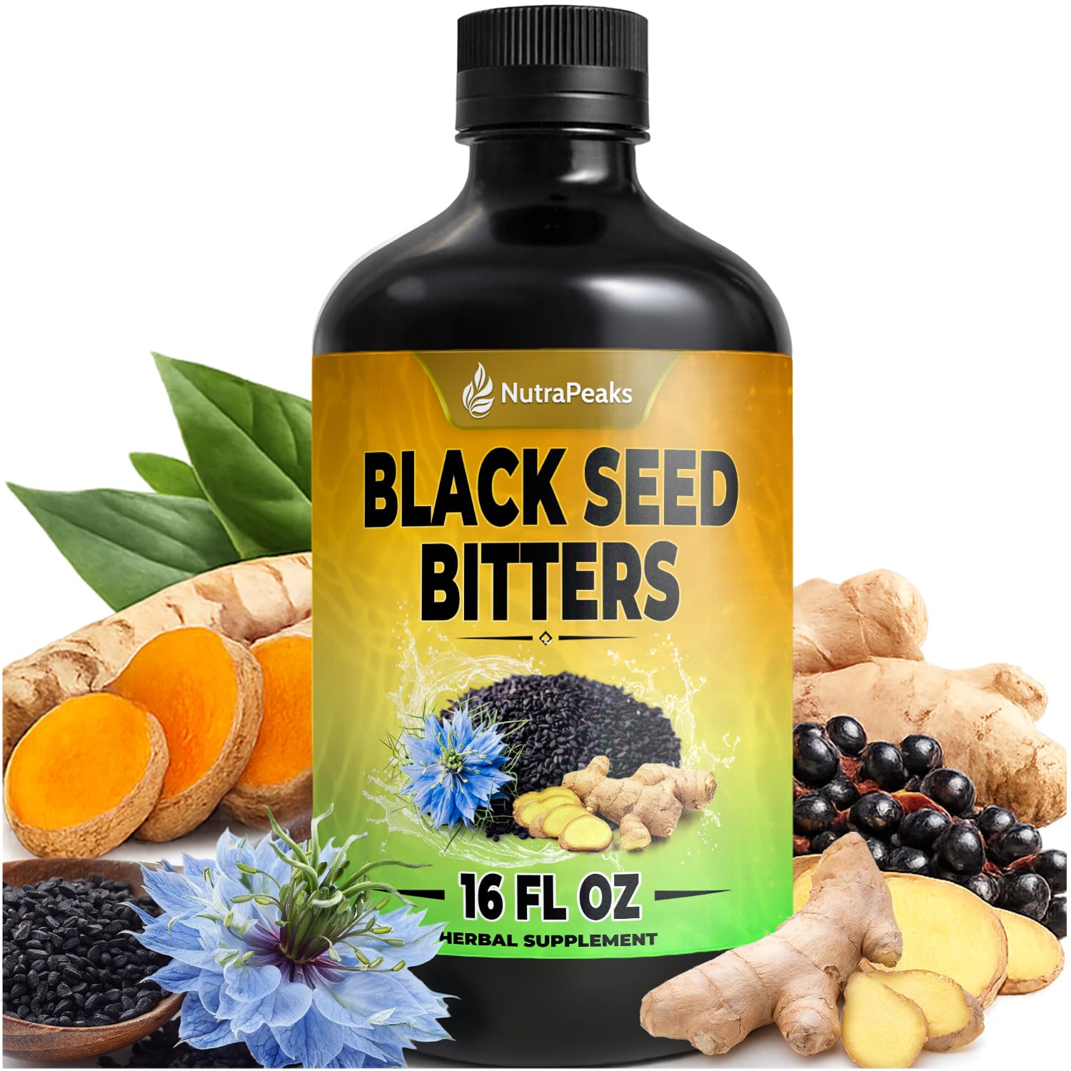 Black Seed Oil Bitters Liquid - Premium Herbal Blend with Black Seed Extract, Curcumin (Turmeric Extract), Ashwagandha, Elderberry, Probiotics, Vitamin C, Zinc...16 fl oz | Natural Botanical Blend NutraPeaks uk supplements