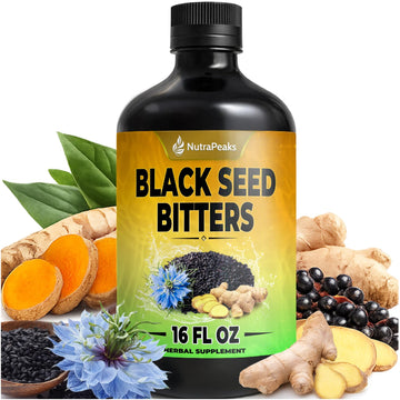 Black Seed Oil Bitters Liquid - Premium Herbal Blend with Black Seed Extract, Curcumin (Turmeric Extract), Ashwagandha, Elderberry, Probiotics, Vitamin C, Zinc...16 fl oz | Natural Botanical Blend NutraPeaks uk supplements
