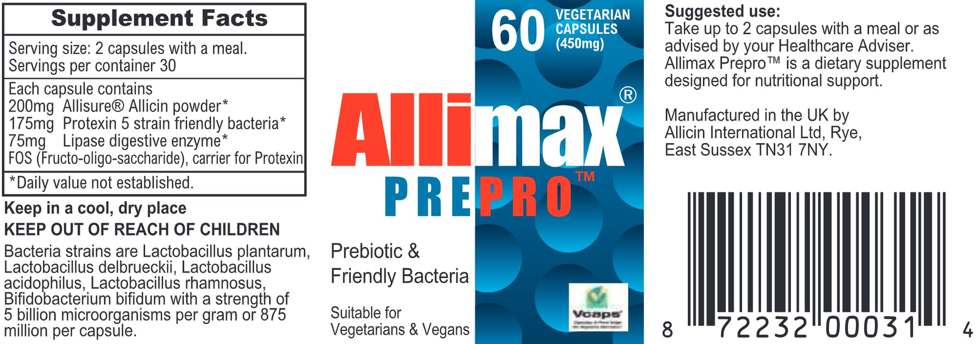 ALLIMAX Pre Pro - 60 Caps. Stabilized allicin Plus prebiotics, probiotics and Digestive enzymes. ALLIMAX uk supplements