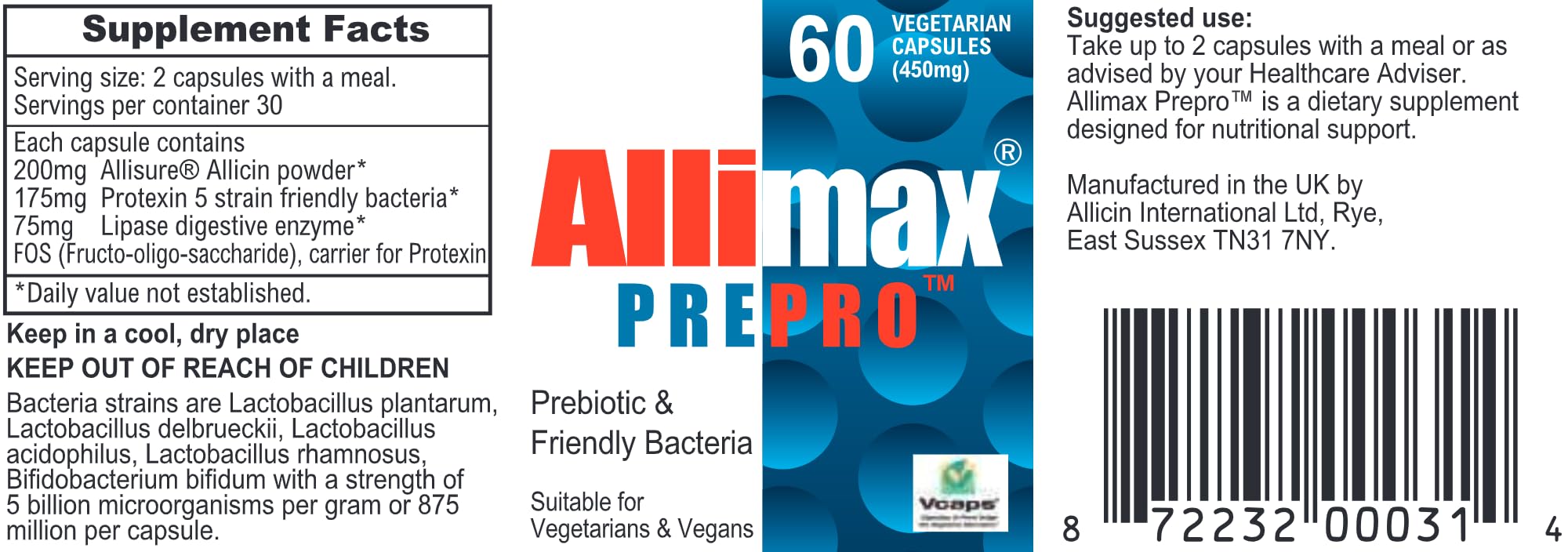 ALLIMAX Pre Pro - 60 Caps. Stabilized allicin Plus prebiotics, probiotics and Digestive enzymes. ALLIMAX uk supplements