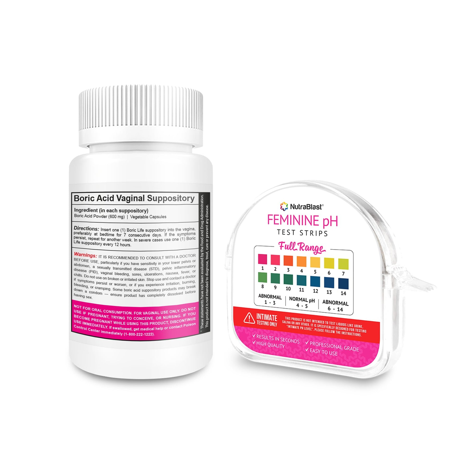 NutraBlast Boric Acid Vaginal Suppositories 600mg (30 Count) & Feminine pH Test Strips 1-14 (100-Tests Roll) | Monitor Feminine Intimate Health | Acidity & Alkalinity Balance NutraBlast uk supplements