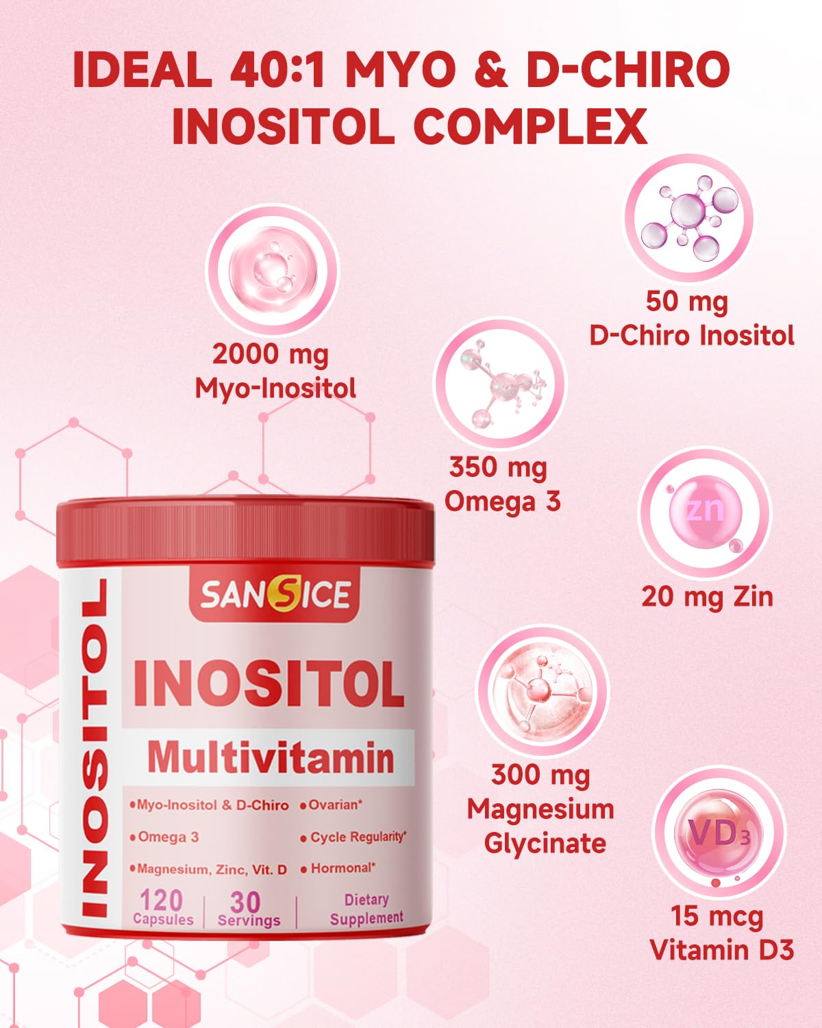 SANSICE Myo & D-Chiro Inositol Multivitamin Capsules, 2000mg Myo-Inositol & 50mg D-Chiro Inositol 40:1 Blend, Vitamin B8 Supplement for Female Hormone (120 Capsules) SANSICE uk supplements