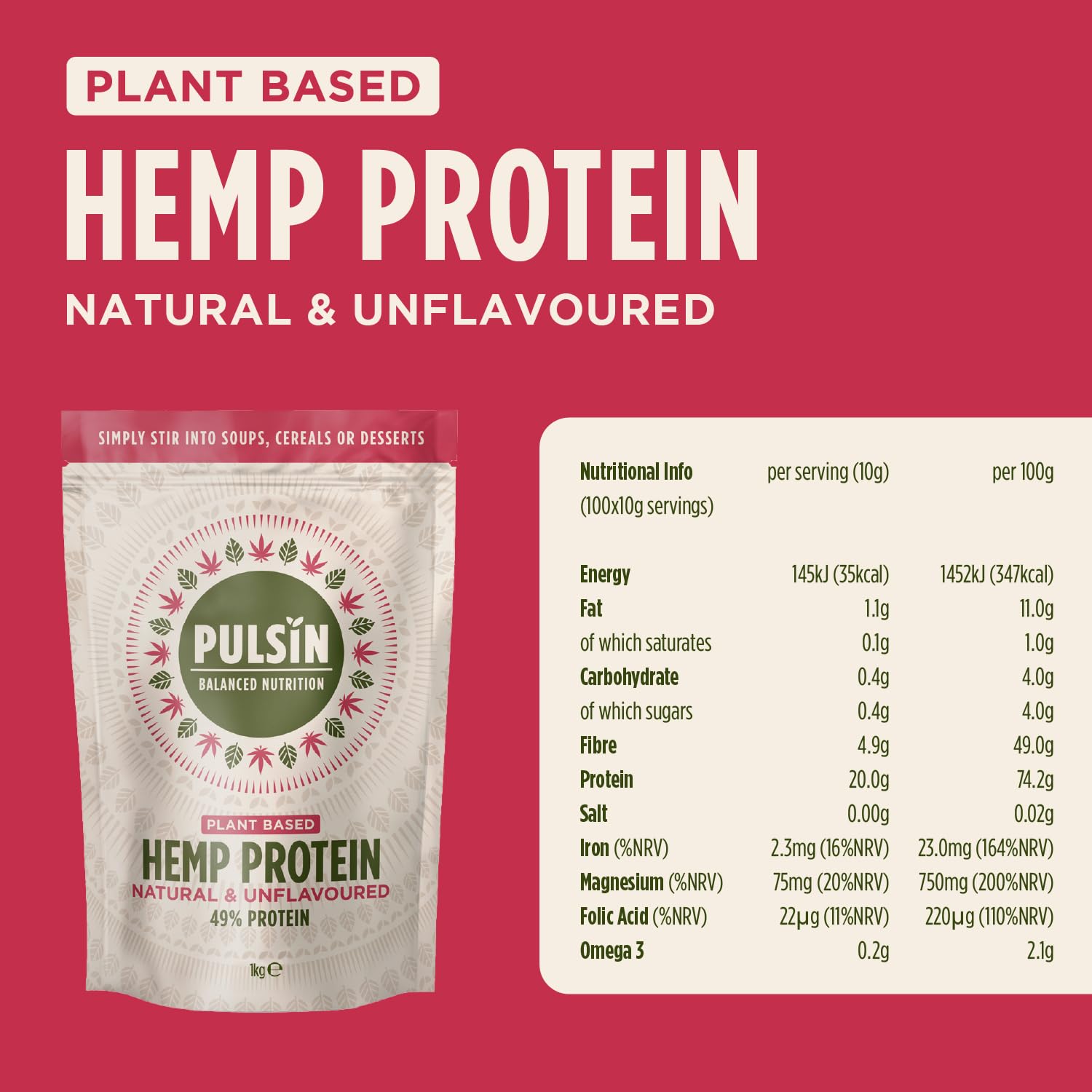 Pulsin - Natural Unflavoured Vegan Hemp Protein Powder - 1kg - 4.9g Protein, 0.4g Carbs, 35 Kcal Per Serving Pulsin uk supplements