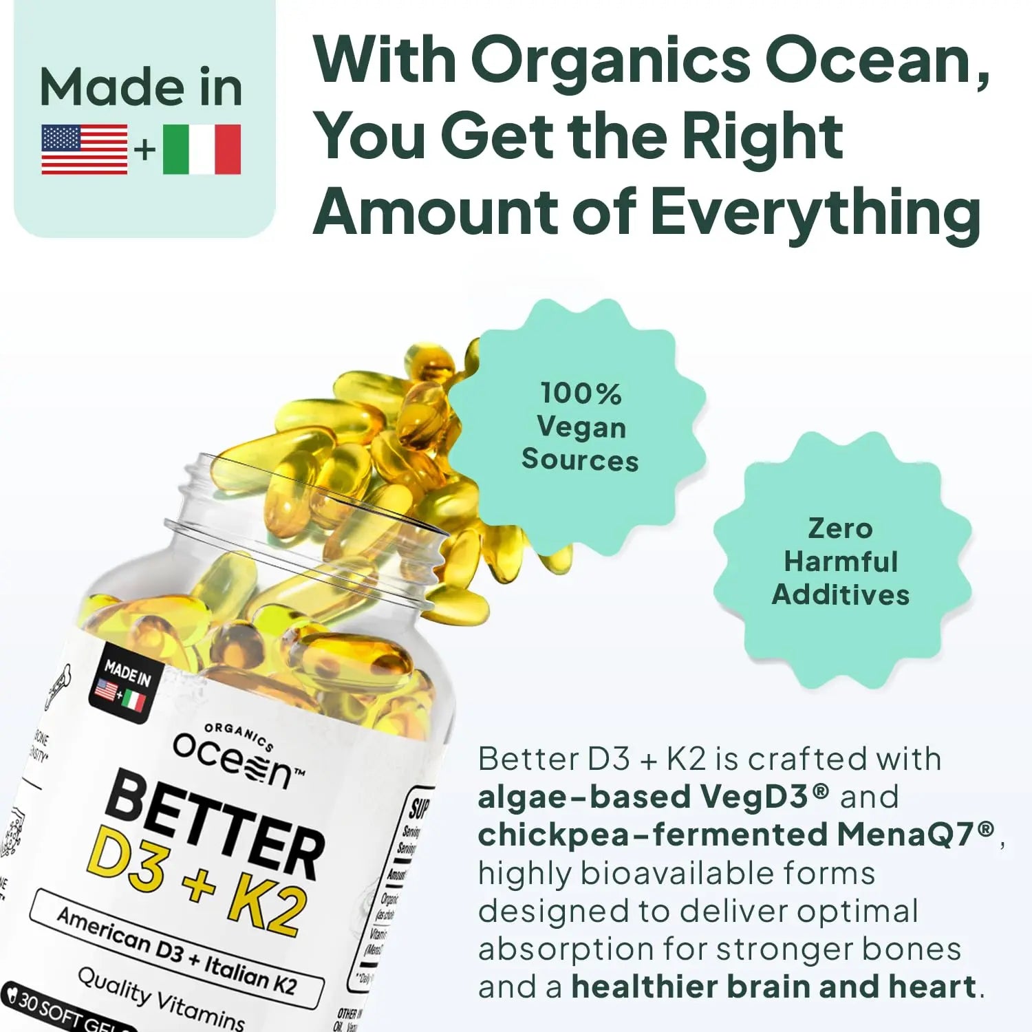 Organics Ocean Better D3 + K2-100% Organic VIT D3 and K2 Supplements with Maximum Bioavailability - Supports Bone Density, Calcium Balance Organics Ocean uk supplements