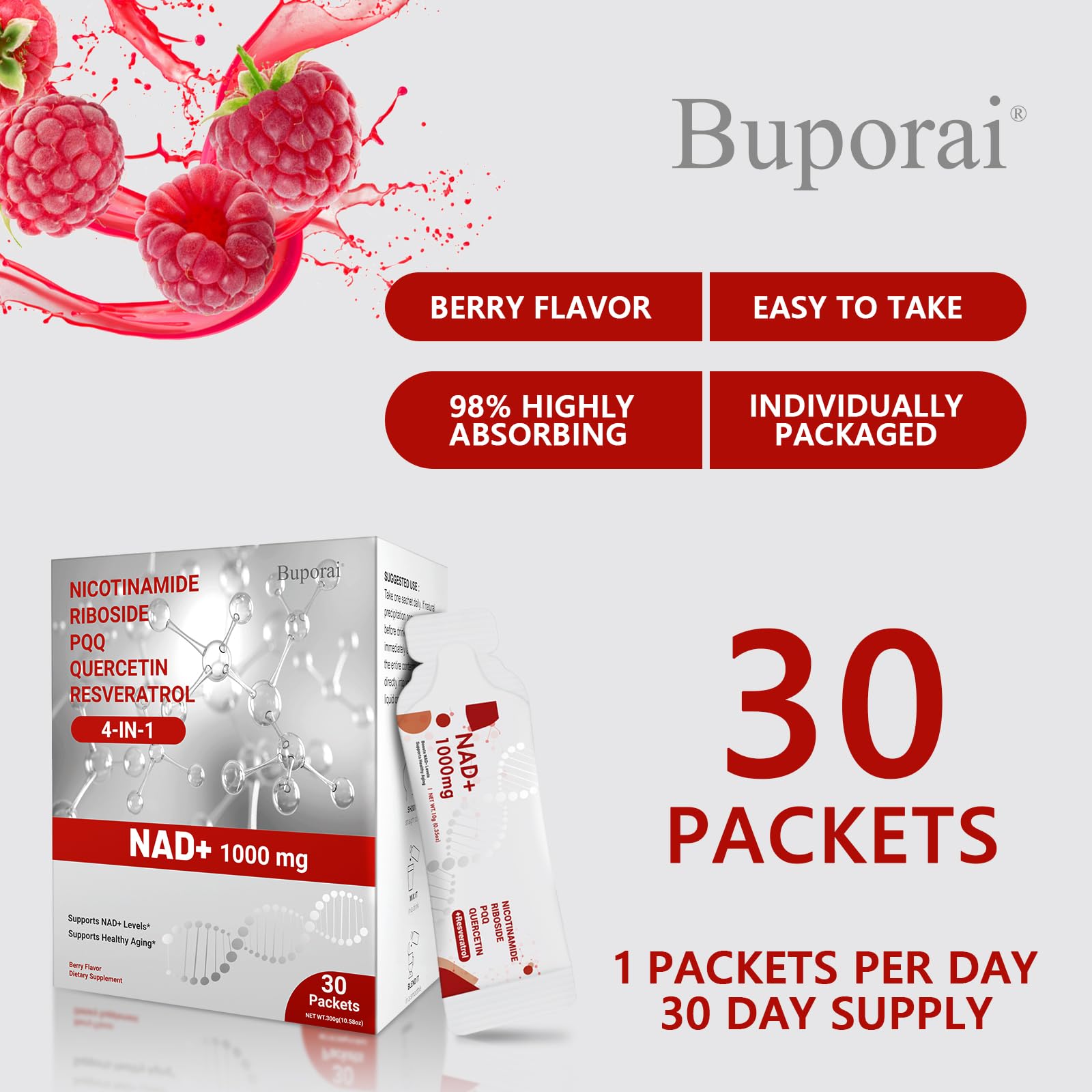 Buporai NAD Supplement 1000 mg Liquid Packets - NAD Supplements for Women & Men with Nicotinamide Riboside, Resveratrol, PQQ, Quercetin - NMNH Supplement Alternative for Anti-Aging, Energy-30 Packets Buporai uk supplements