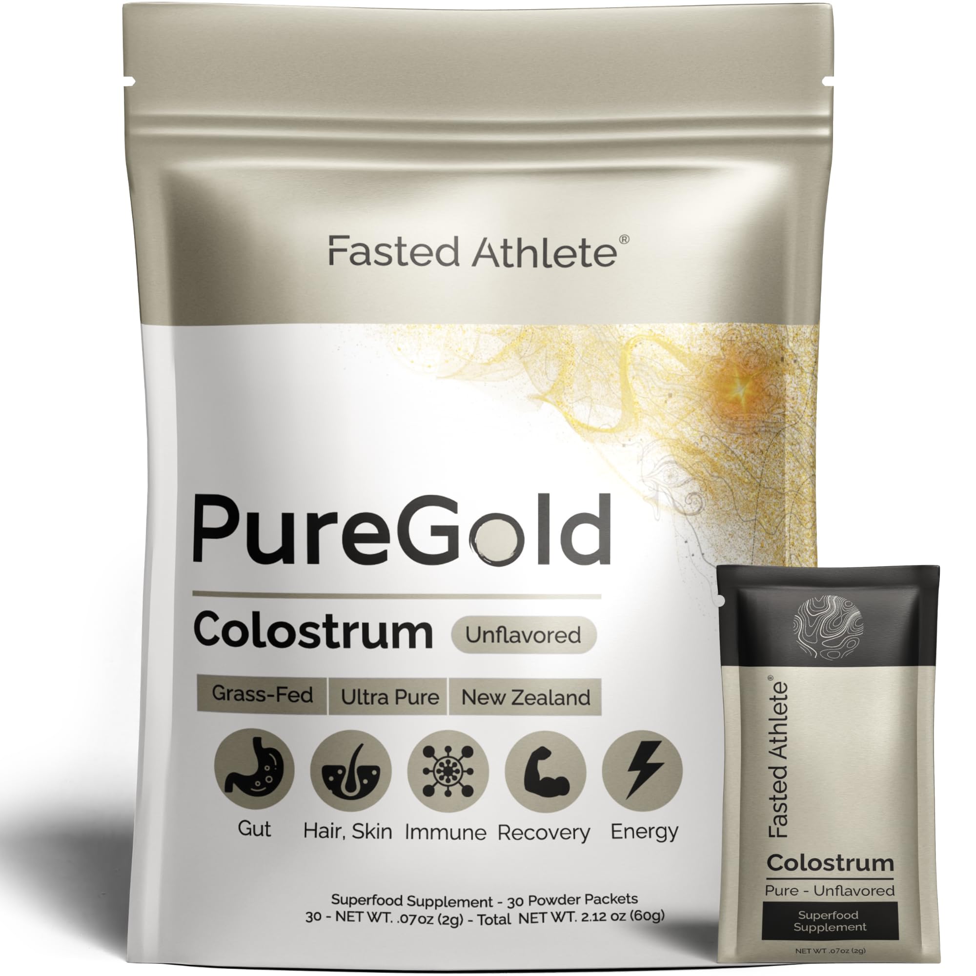 PureGold - Bovine Colostrum Powder - 100% Pure New Zealand Grass Fed, Supports Gut Health, Skin, Hair, & Immunity – Colostrum Supplement, Unflavored, 30 Travel Packets Fasted Athlete uk supplements